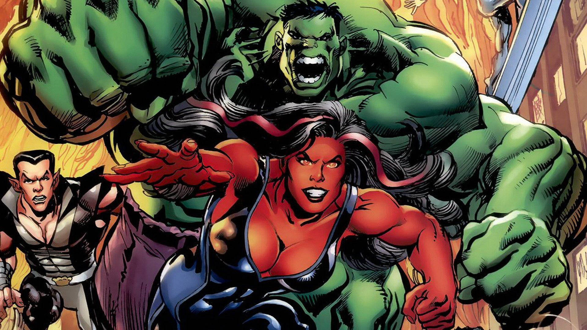 Red She Hulk, Hulk, fiery urban battle scene, Full HD Desktop Wallpaper