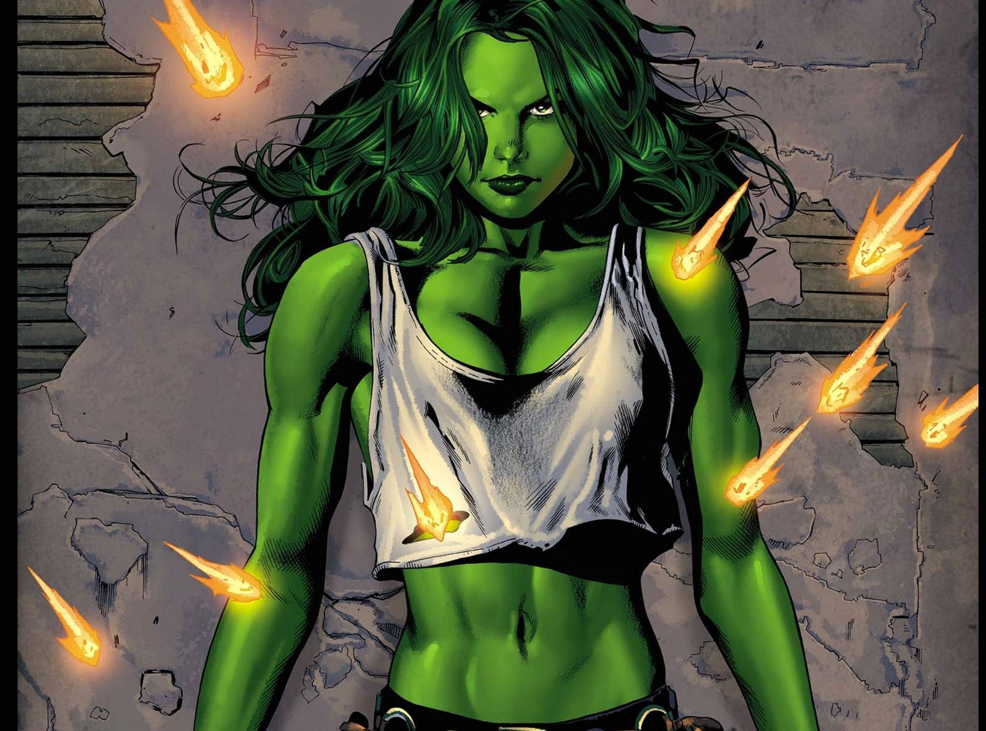She Hulk, crop top, green-skinned superheroine, Full HD Desktop Wallpaper