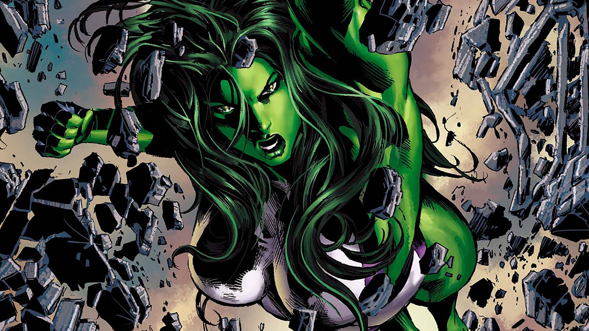 She Hulk, green-skinned, shattered concrete debris, Full HD Desktop Wallpaper