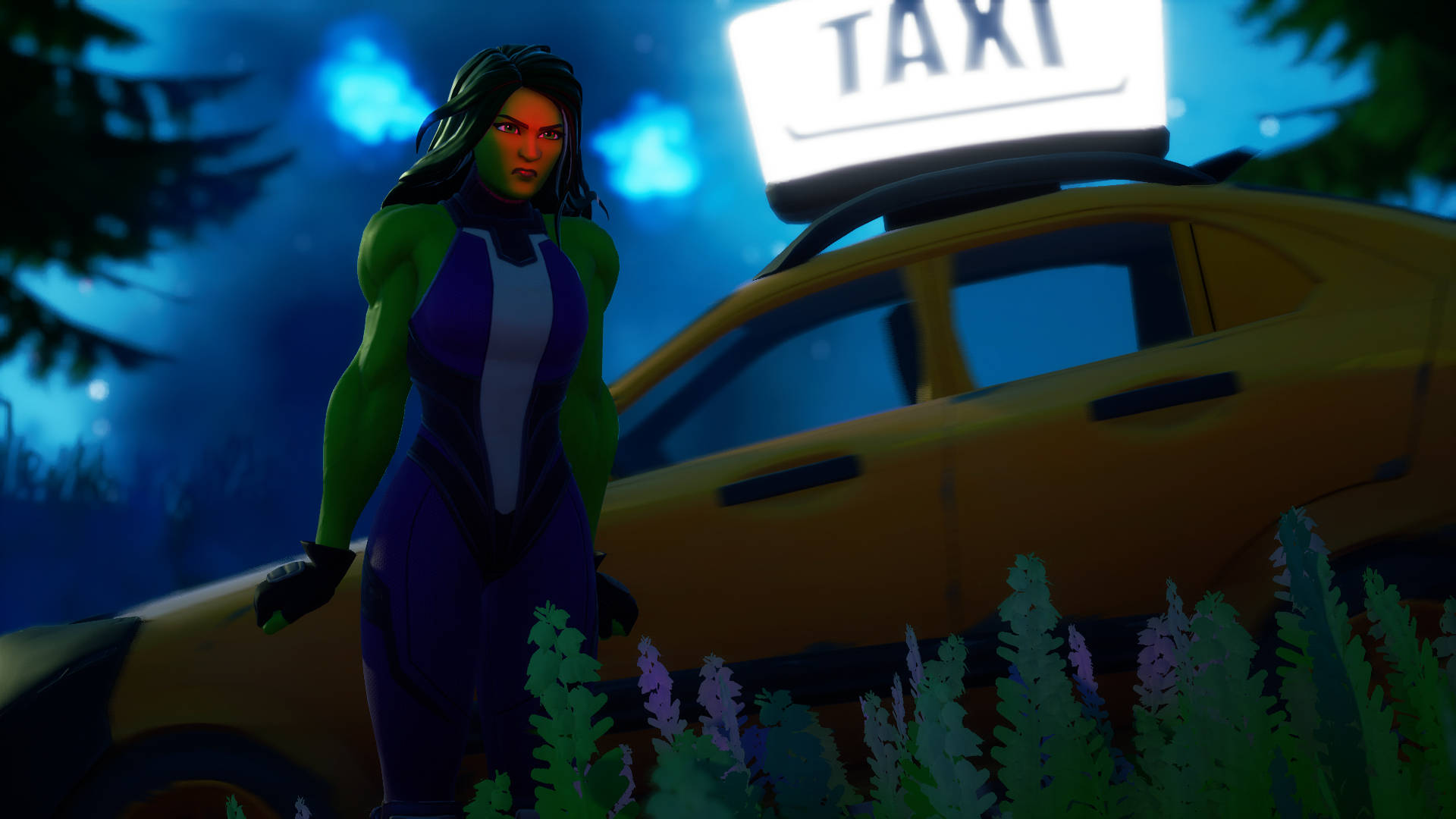 She Hulk, purple suit, yellow taxi, Full HD Desktop Wallpaper