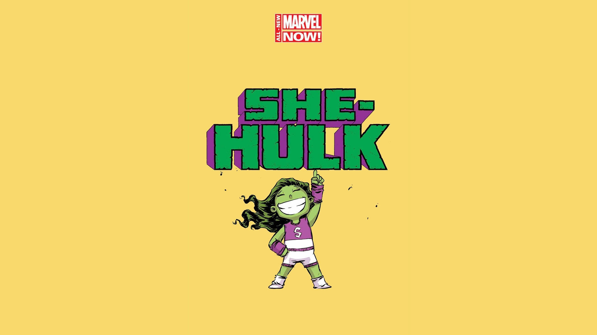 She-Hulk, purple and white sports uniform, solid yellow background, Full HD Desktop Wallpaper