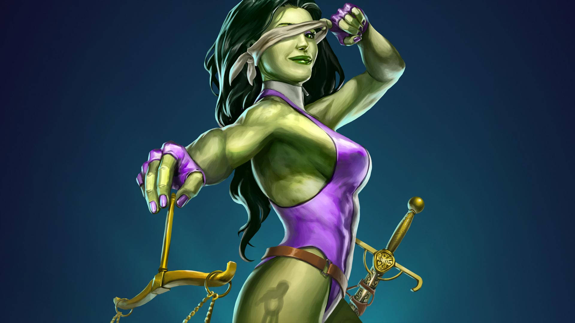 She Hulk, anime art, muscular green-skinned woman, Full HD Desktop Wallpaper