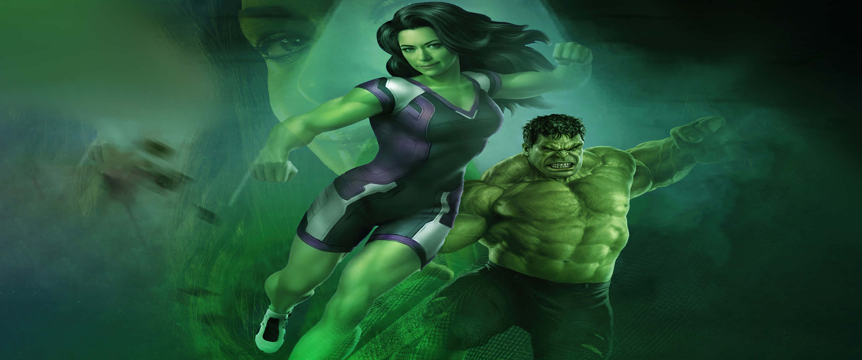 She-Hulk, Hulk, misty green environment, 2K Desktop Wallpaper