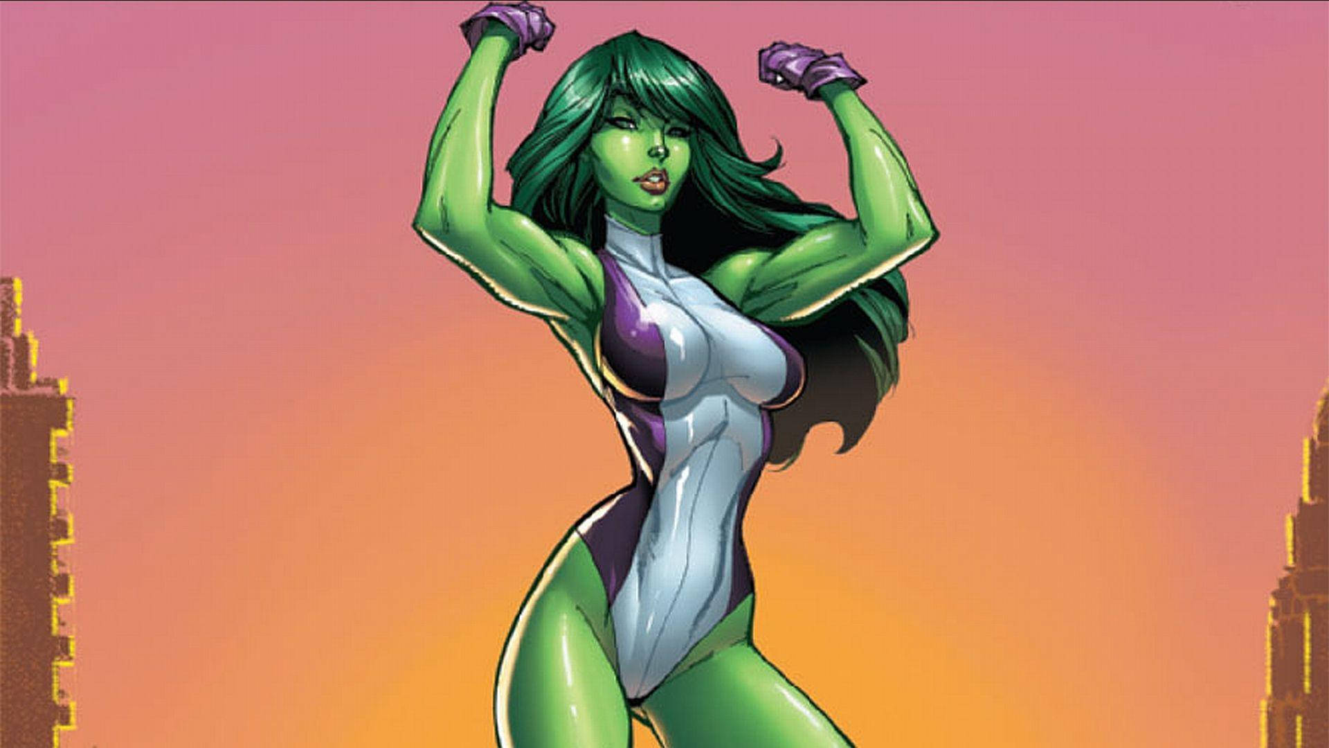 She-Hulk, green-skinned superheroine, sunset city skyline, Full HD Desktop Wallpaper