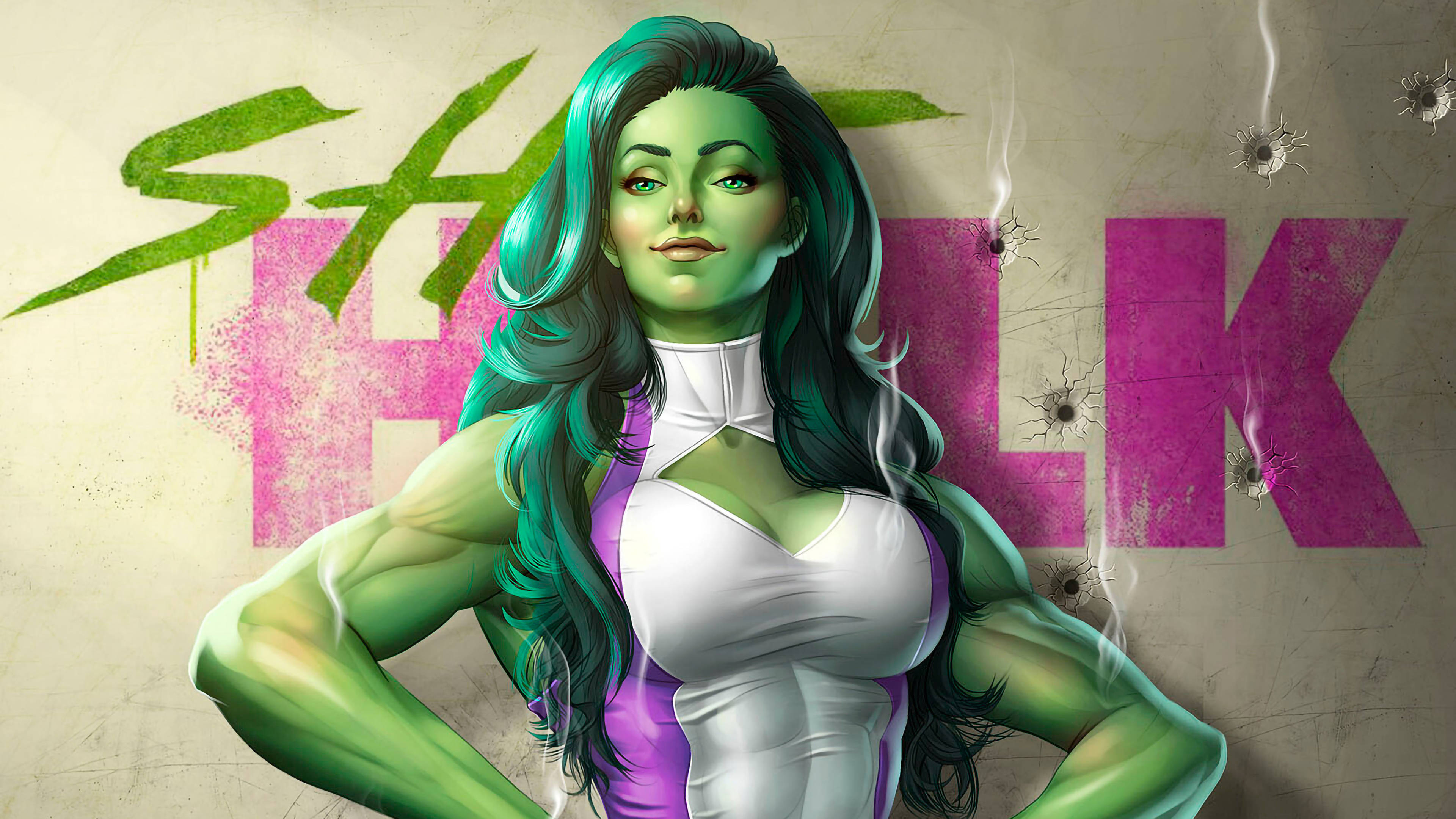 She Hulk, teal hair, white and purple outfit, 4K Desktop Wallpaper