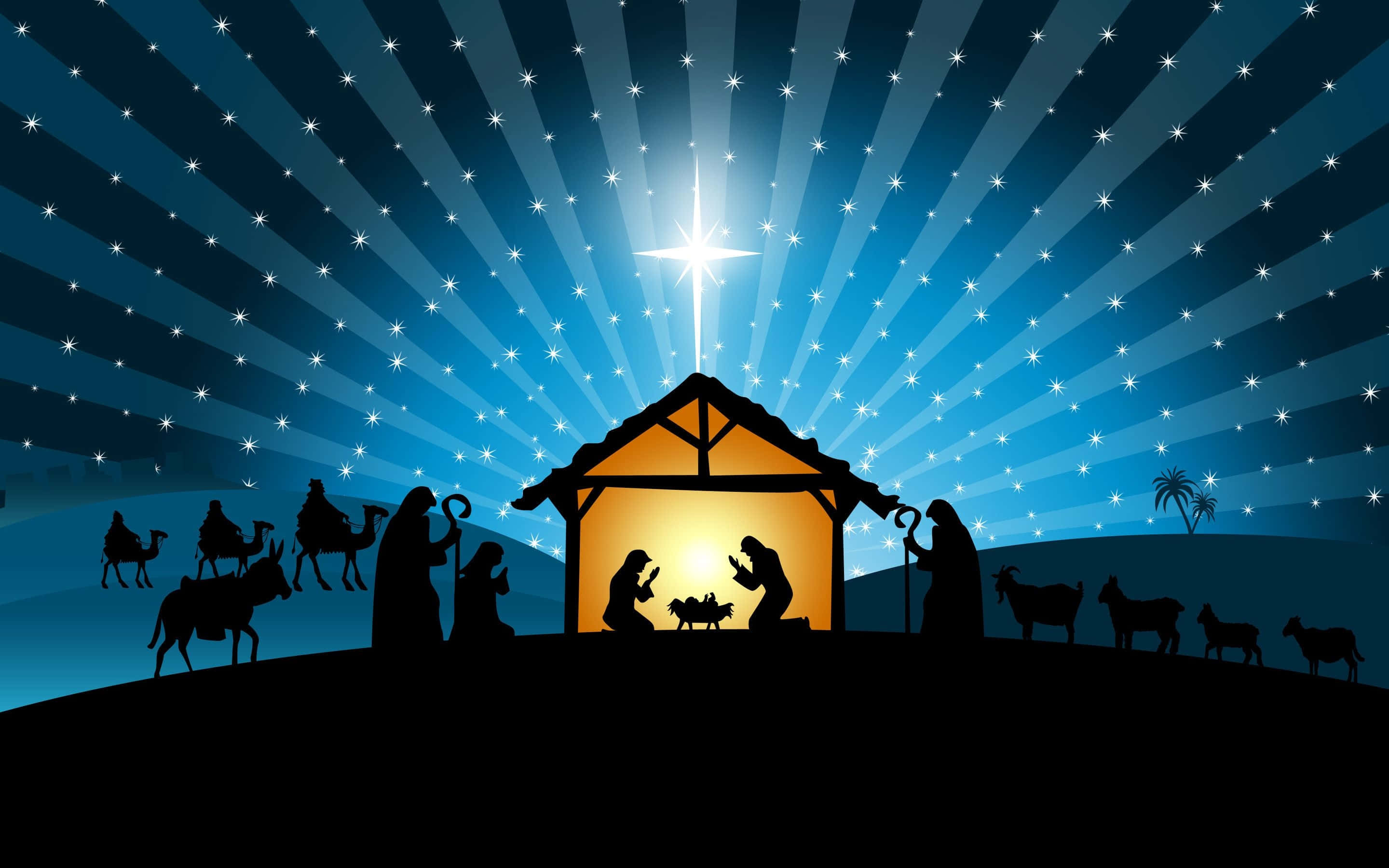 Christmas Nativity, silhouetted nativity scene, radiant starburst sky, 2K Desktop Wallpaper