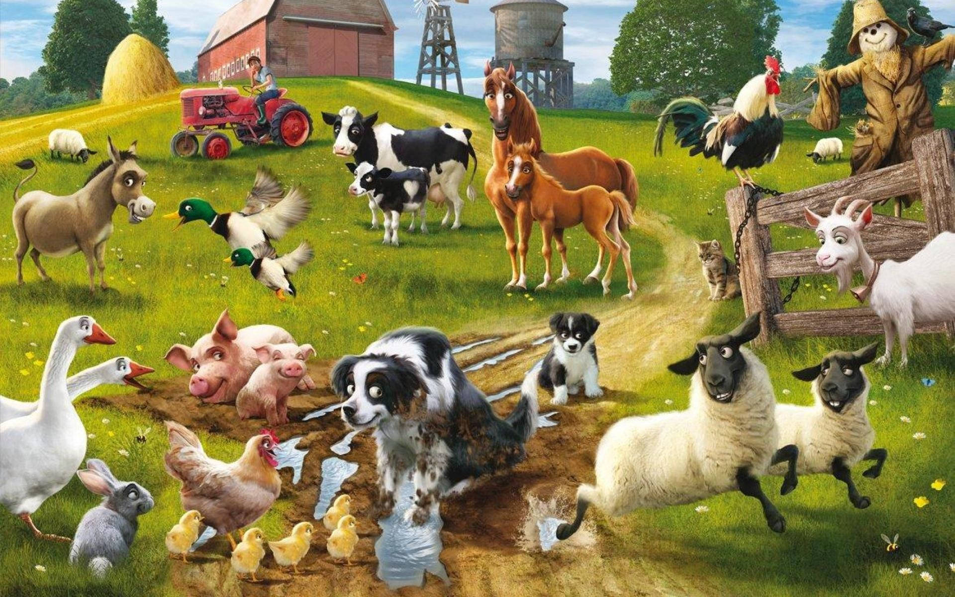 sheep, pigs, chickens, Full HD Desktop Wallpaper
