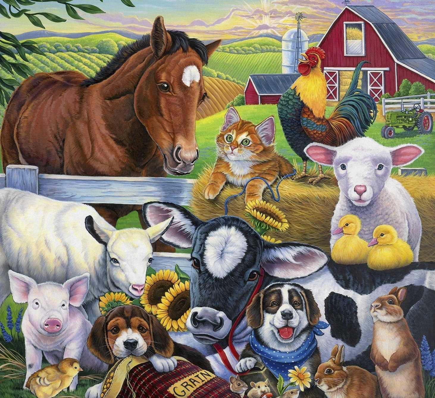 brown horse, rooster, cat, HD Desktop Wallpaper