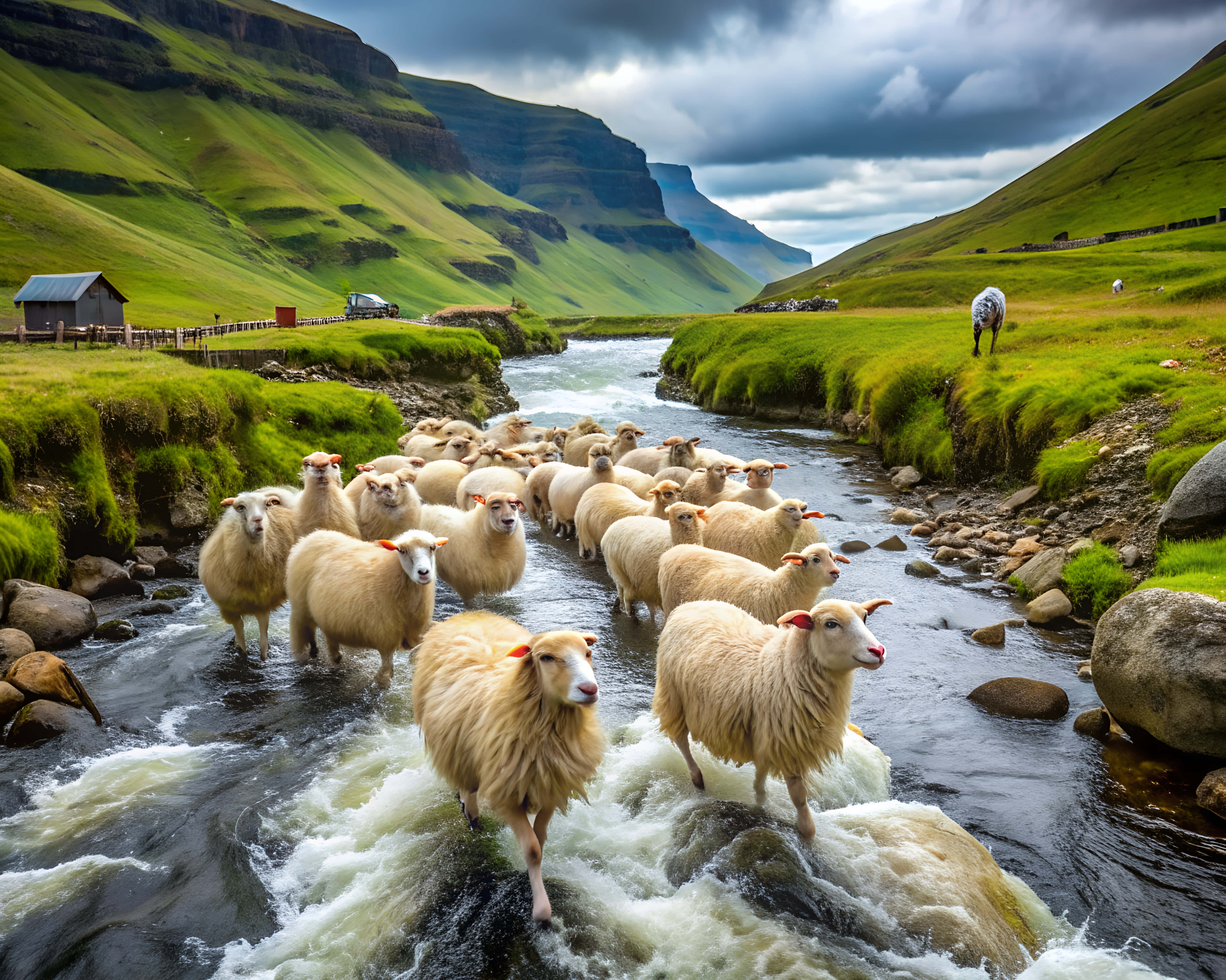 sheep, mountain stream, lush green hills, 4K Desktop Wallpaper