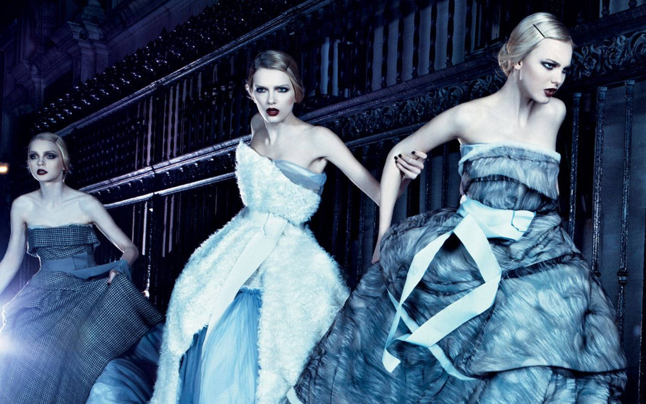 Sheesh, icy blue haute couture gowns, dark ornate staircase, HD Desktop Wallpaper