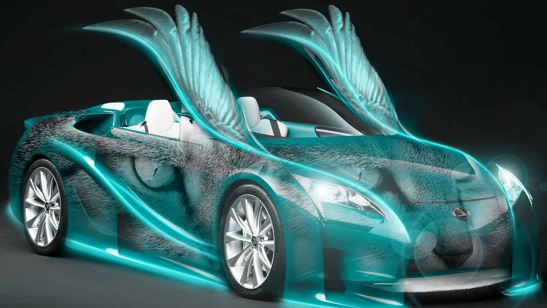 neon ferrari, teal sports car, glowing wings, Full HD Desktop Wallpaper