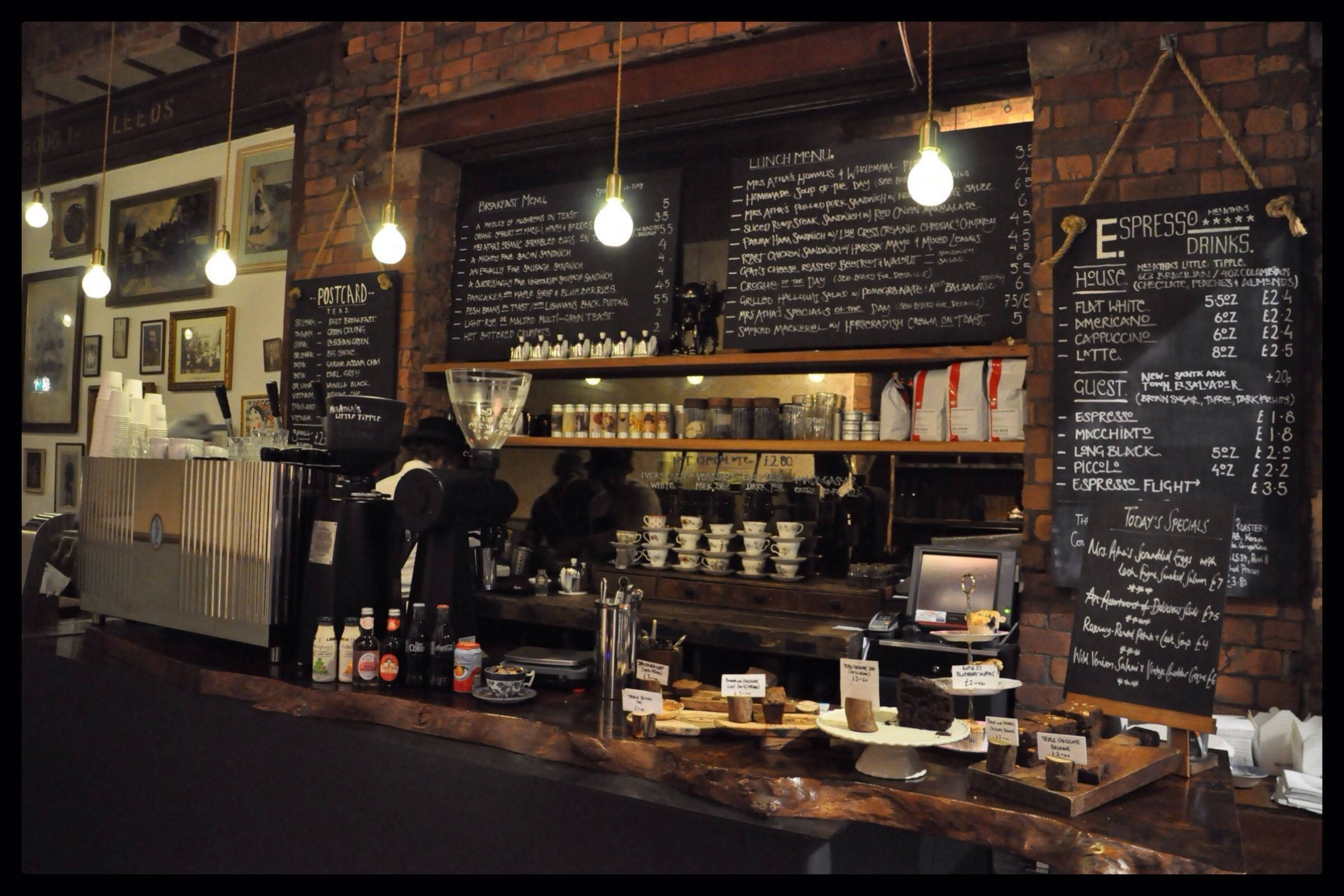 vintage coffee shop, exposed brick walls, chalkboard menus, Full HD Desktop Wallpaper