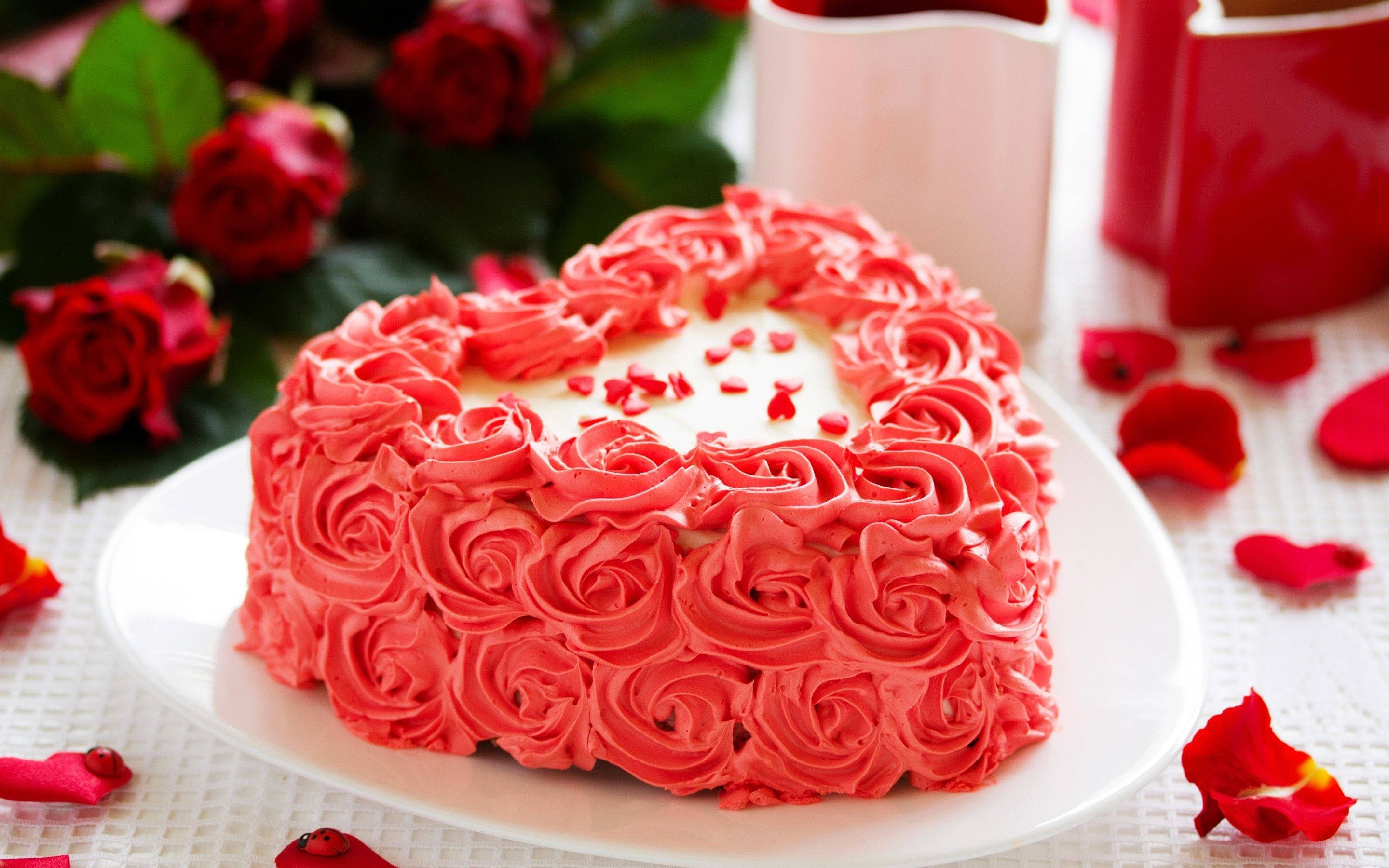 Sheesh, heart-shaped cake, pink rose frosting, 2K Desktop Wallpaper