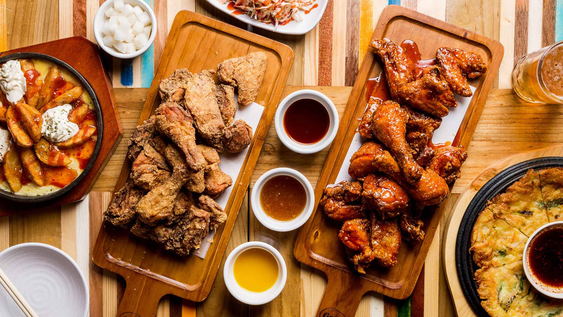 Korean fried chicken, dipping sauces, kimchi pancake, Full HD Desktop Wallpaper