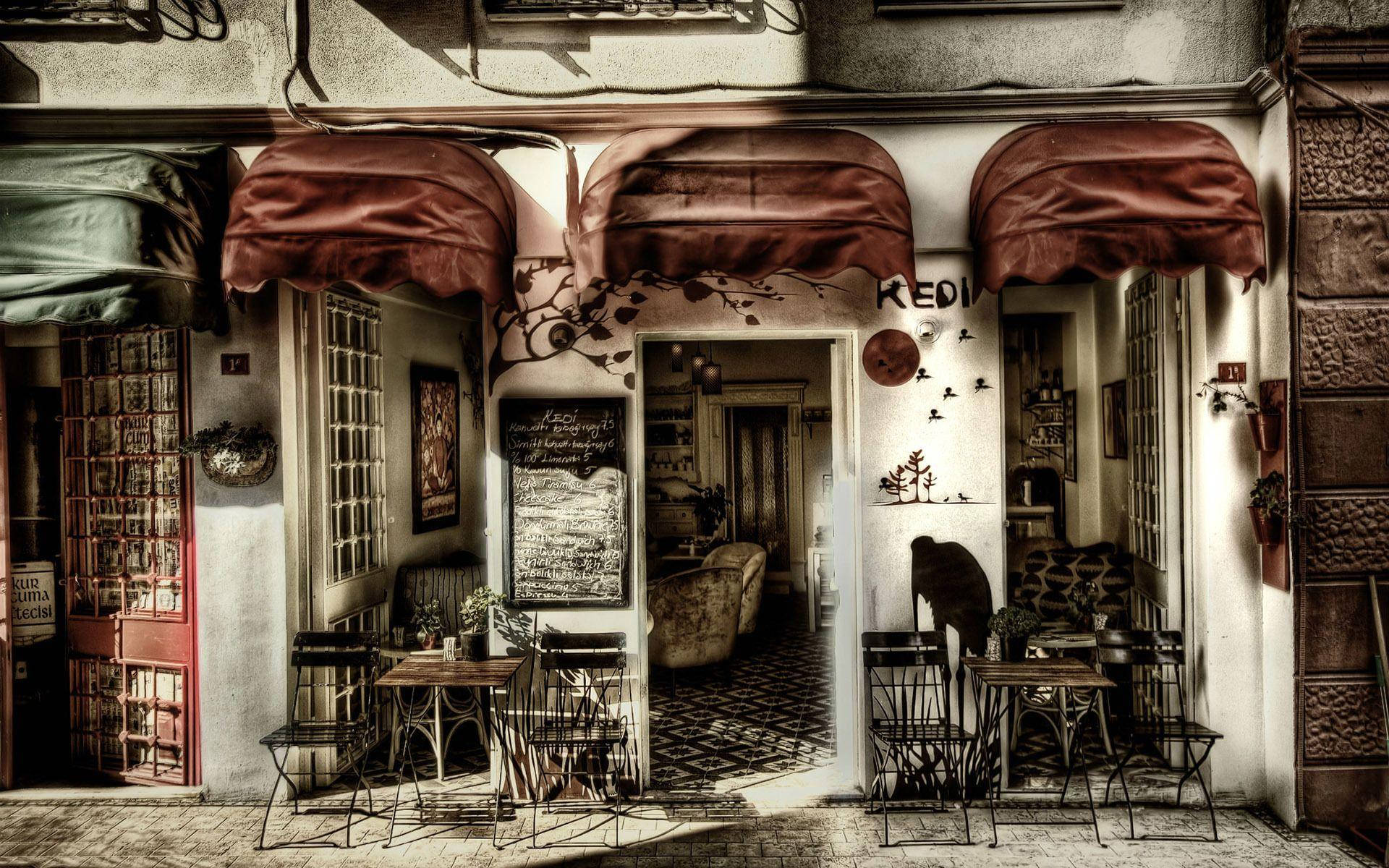 Sheesh style, vintage establishment, red awnings, Full HD Desktop Wallpaper