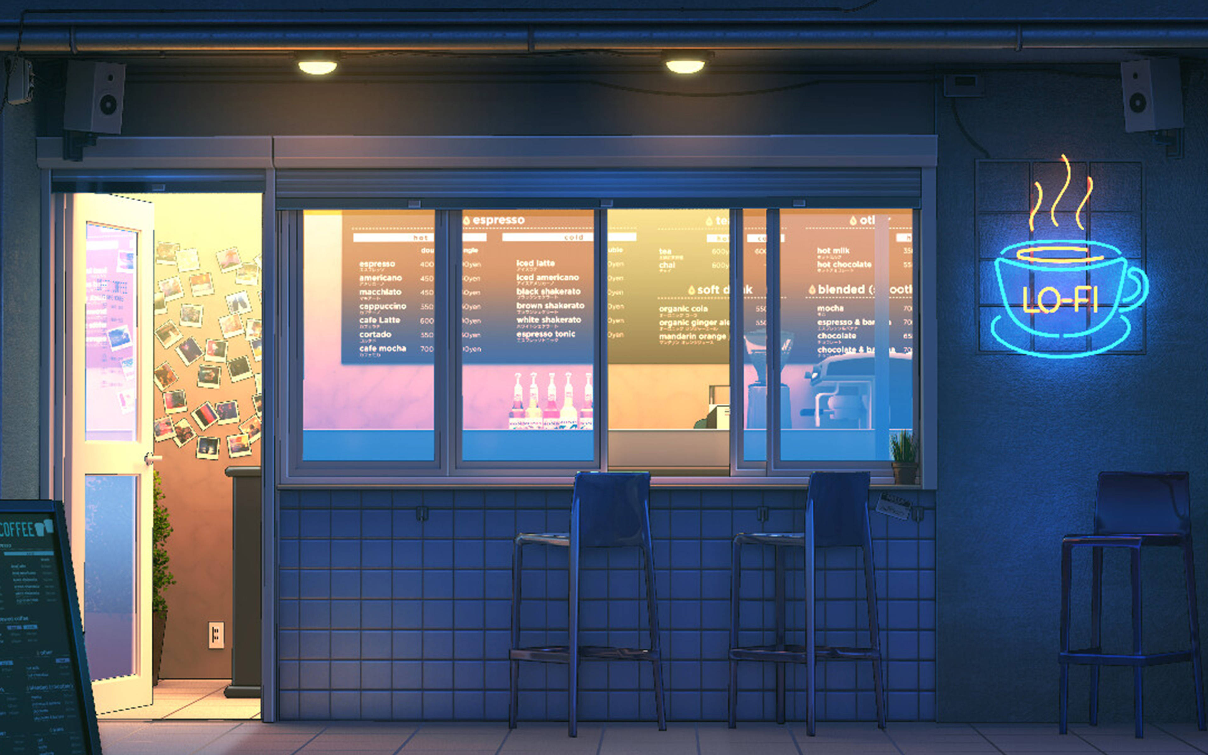 coffee shop, lo-fi, blue neon signage, 4K Desktop Wallpaper