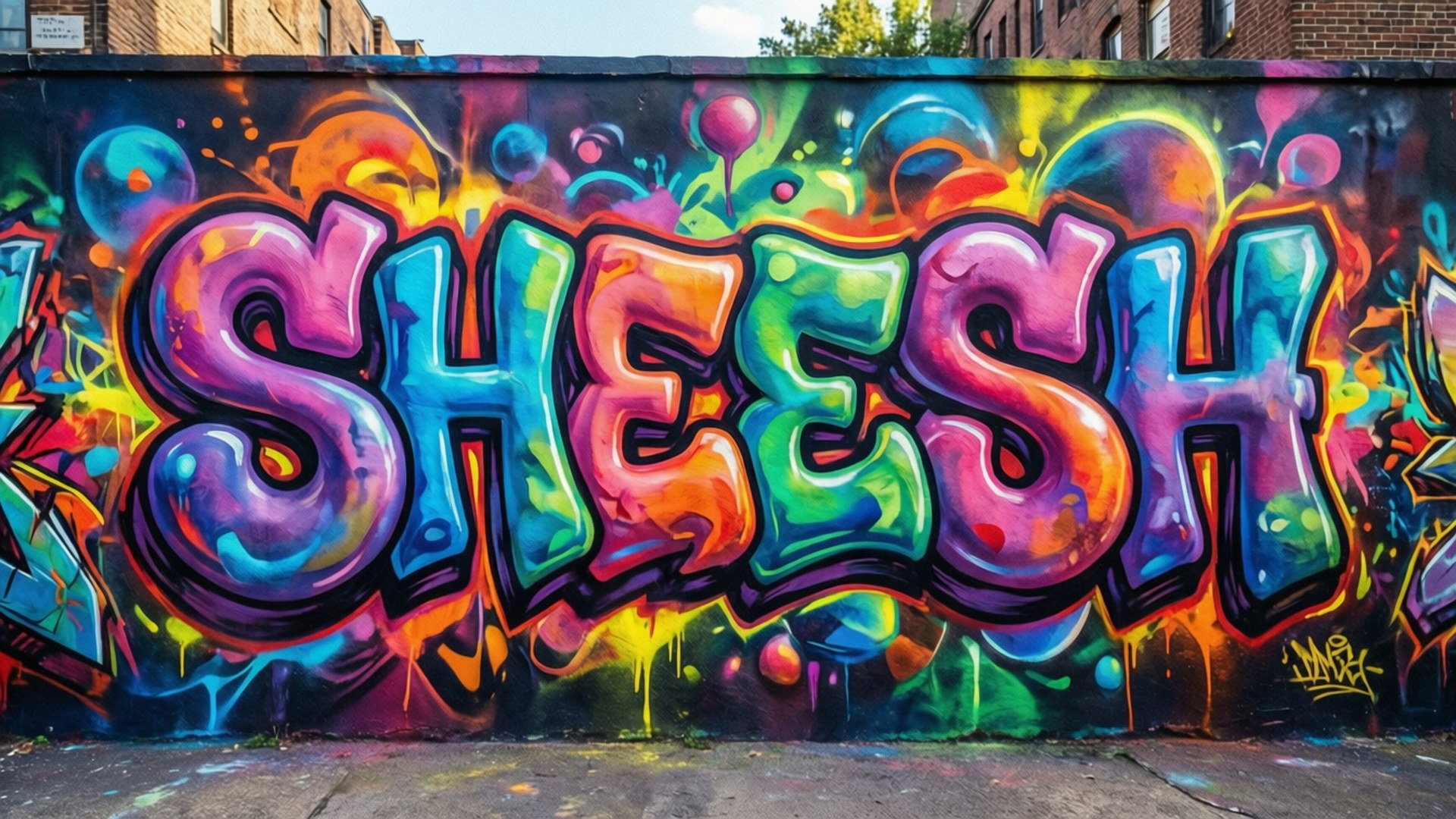 Sheesh, graffiti mural, rainbow 3D letters, Full HD Desktop Wallpaper