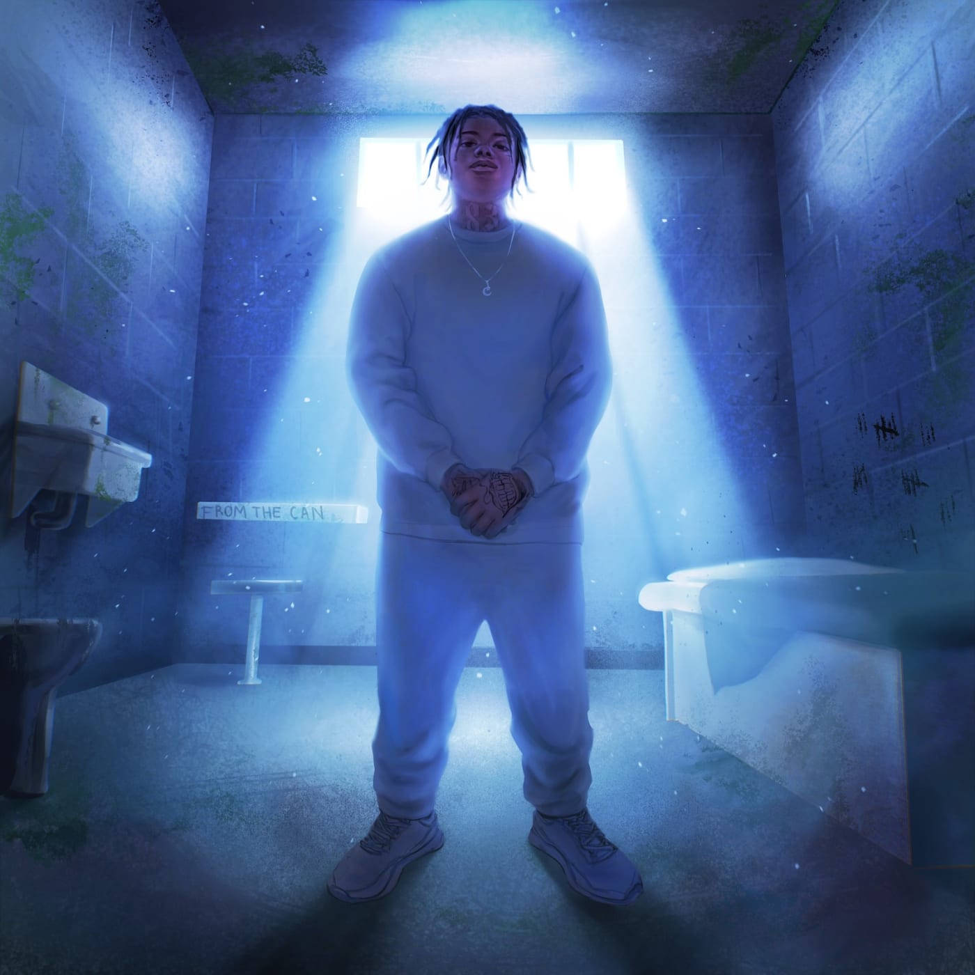 Sheff G, blue-lit prison cell, barred window, HD Desktop Wallpaper