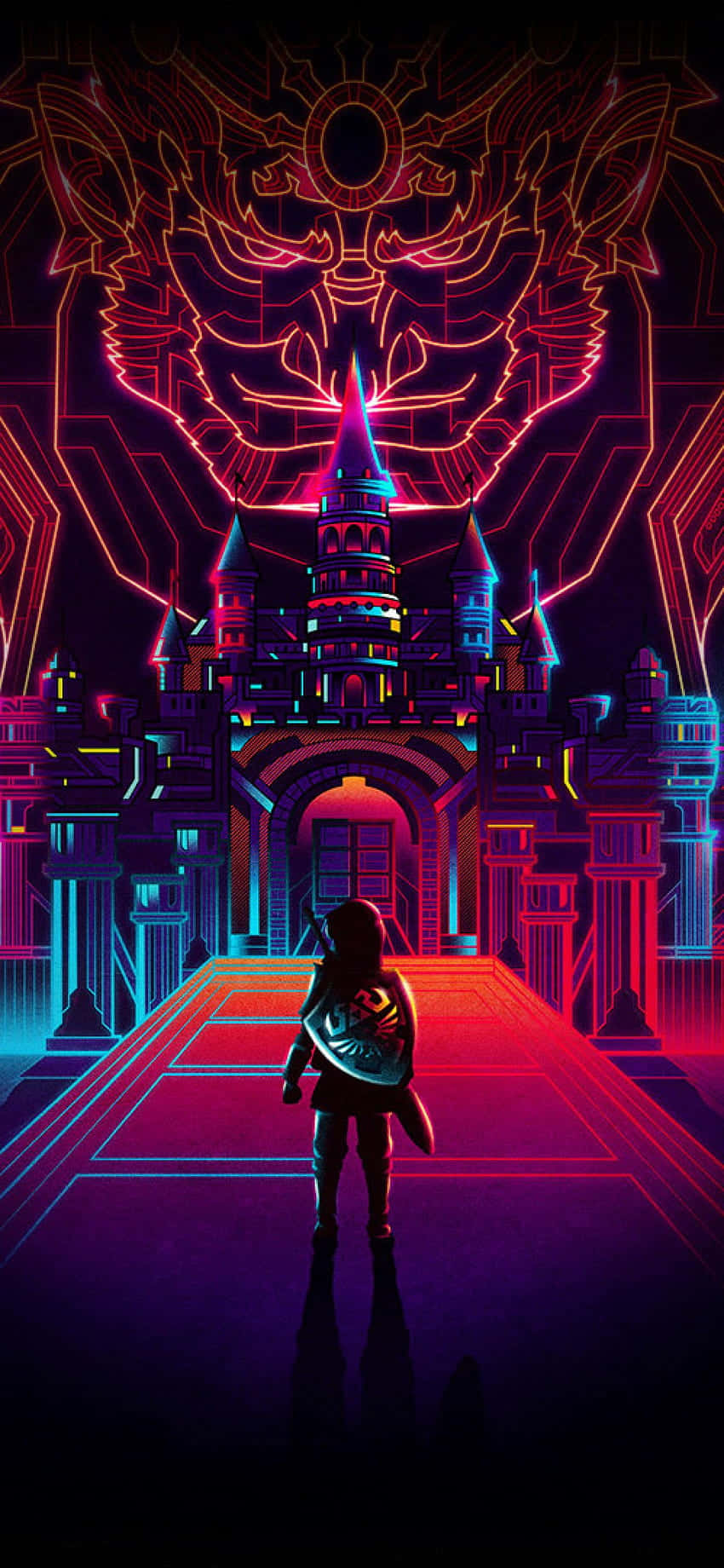 Sheikah Slate 4K, neon castle, cybernetic face, HD Phone Wallpaper