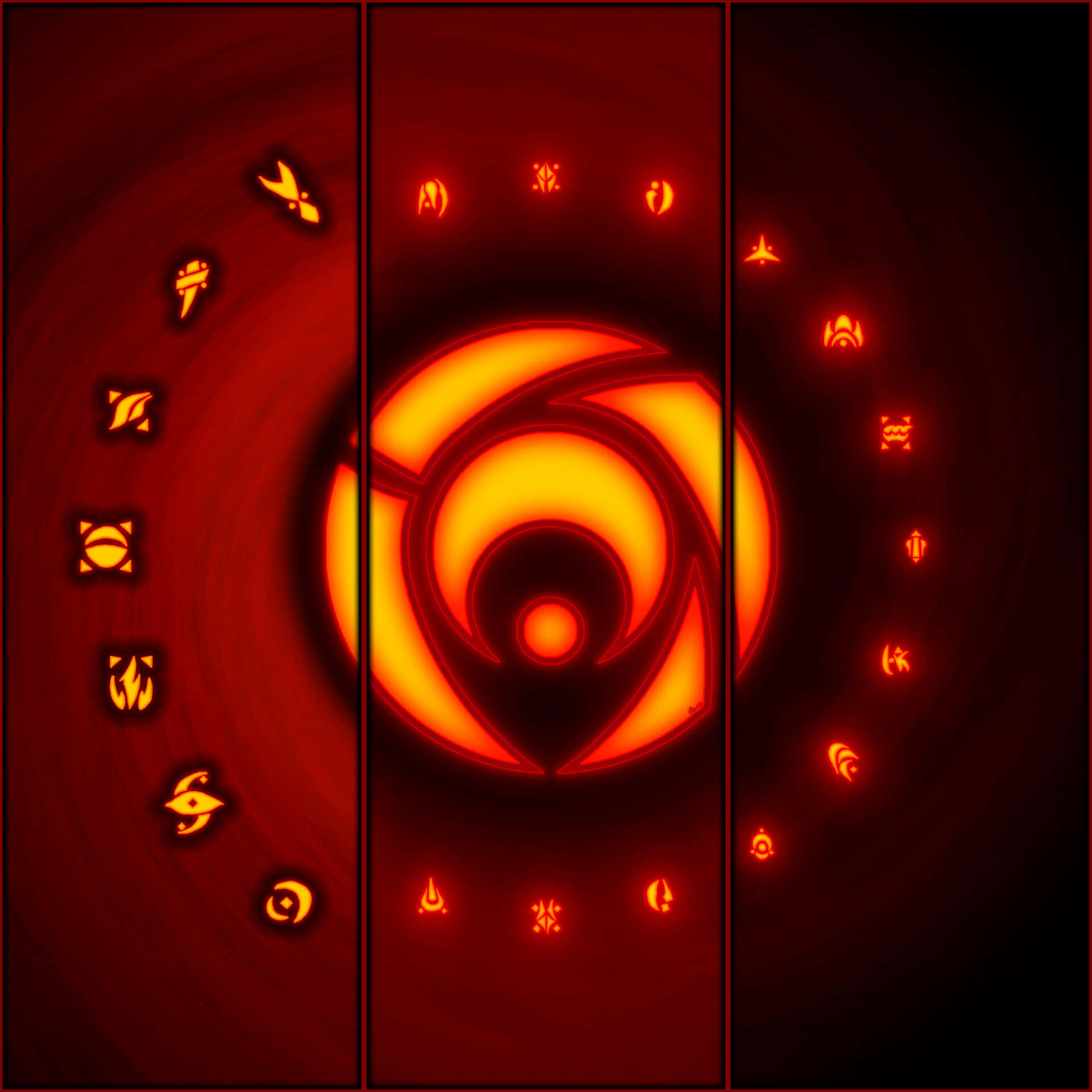 Sheikah Slate 4K, glowing orange spiral eye symbol, floating glowing symbols, Full HD Desktop Wallpaper