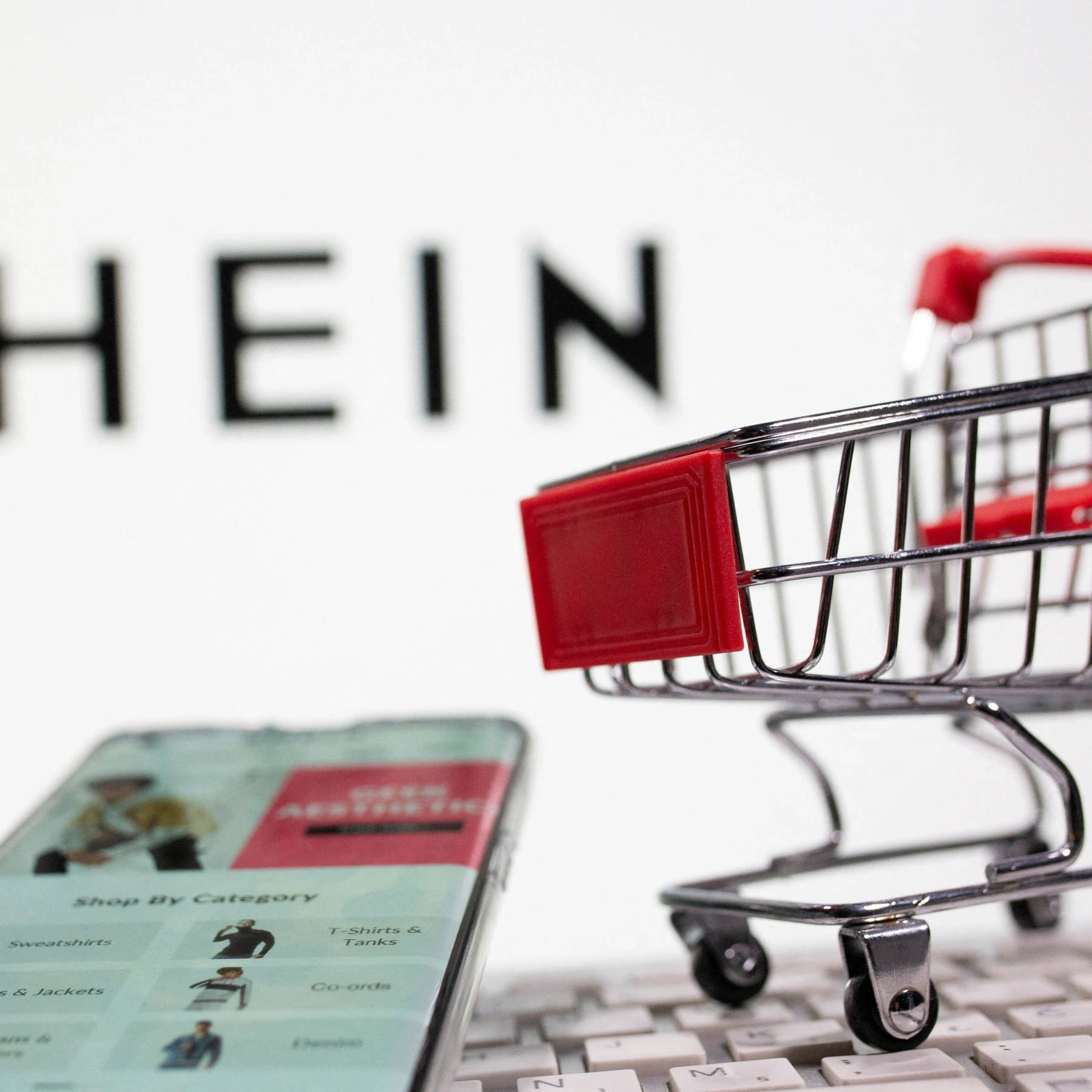 Shein, miniature shopping cart, keyboard, HD Desktop Wallpaper