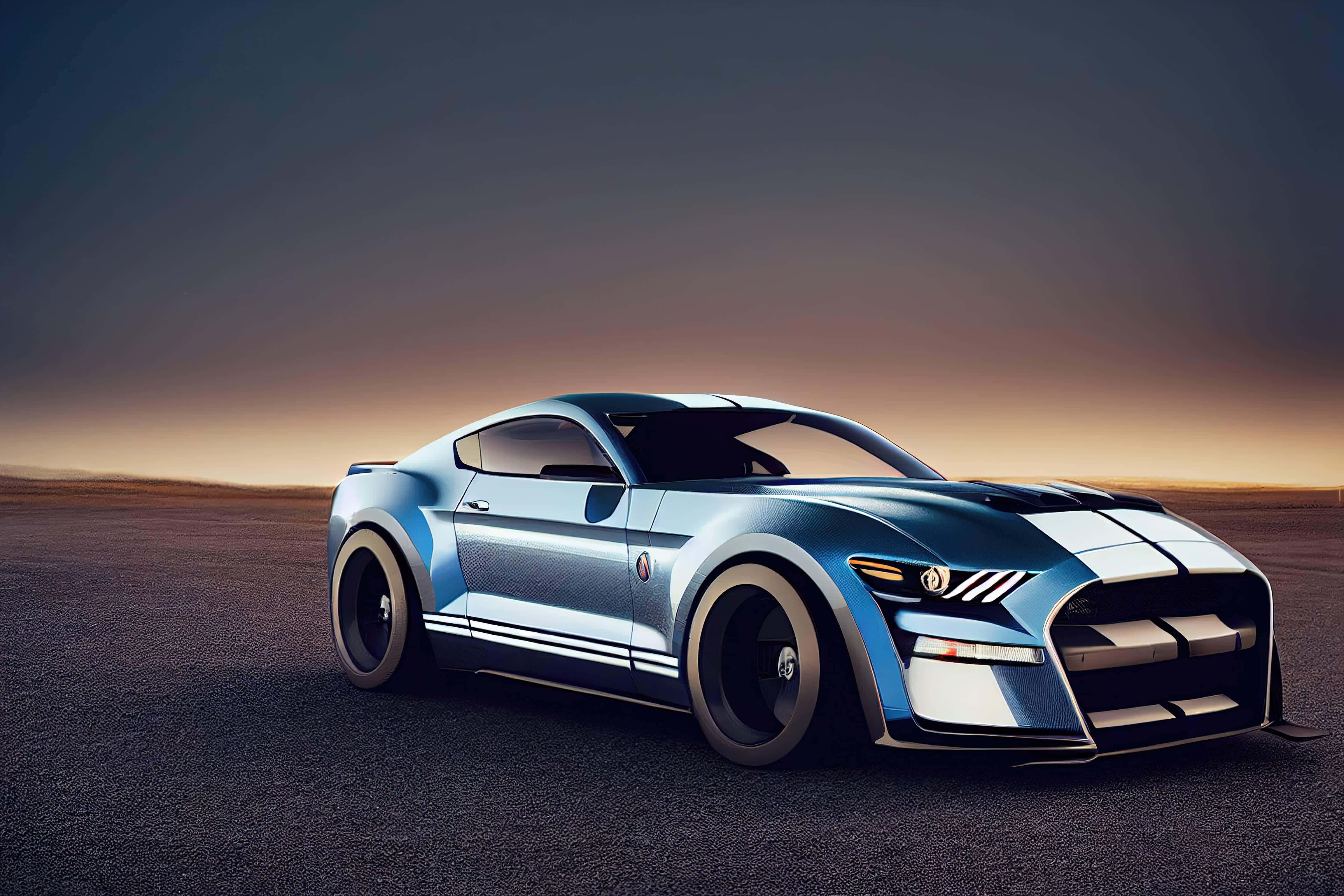 Shelby GT500, metallic blue, white racing stripes, 4K Desktop Wallpaper