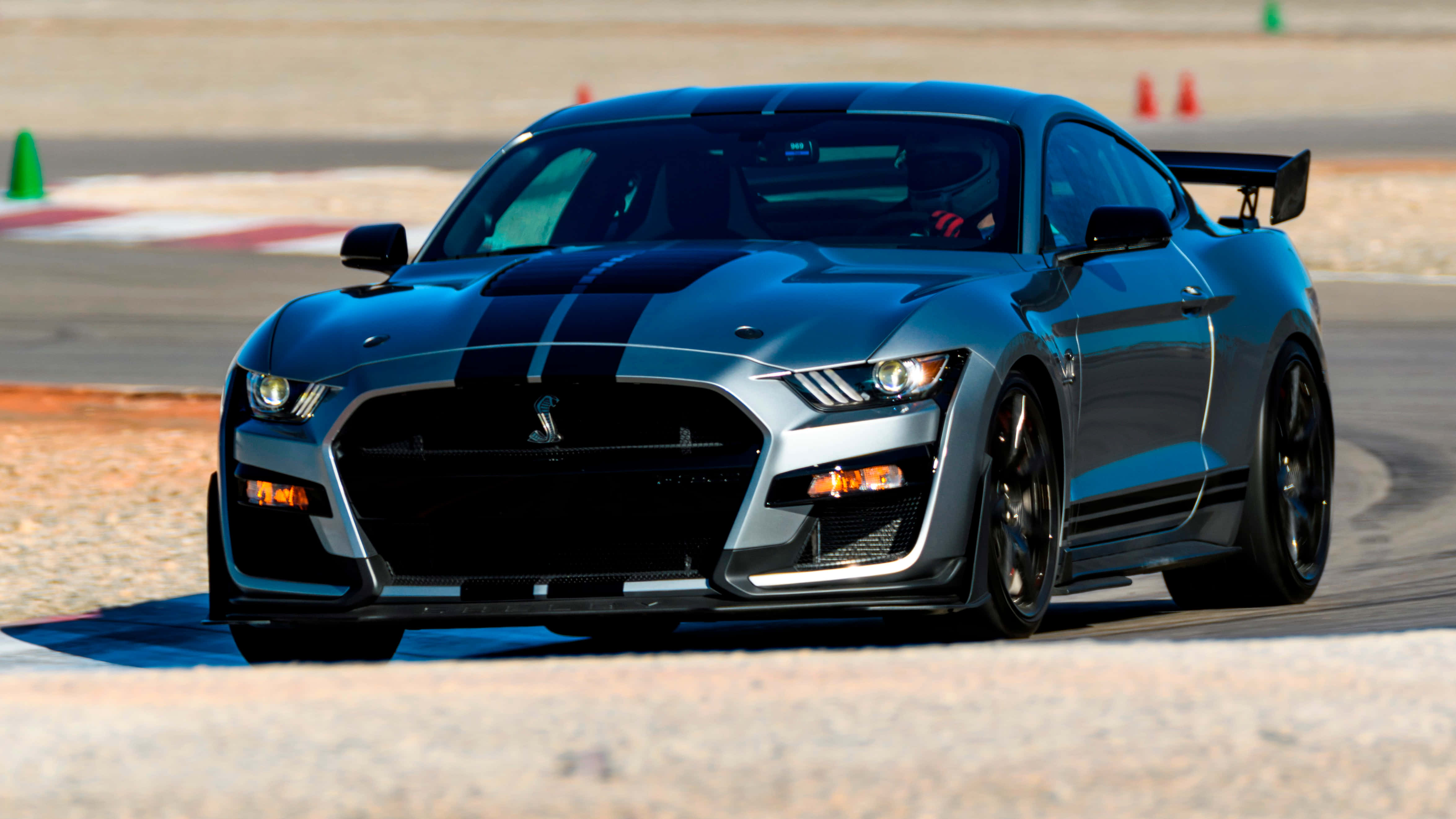 Shelby GT500, metallic blue, black racing stripes, 4K Desktop Wallpaper