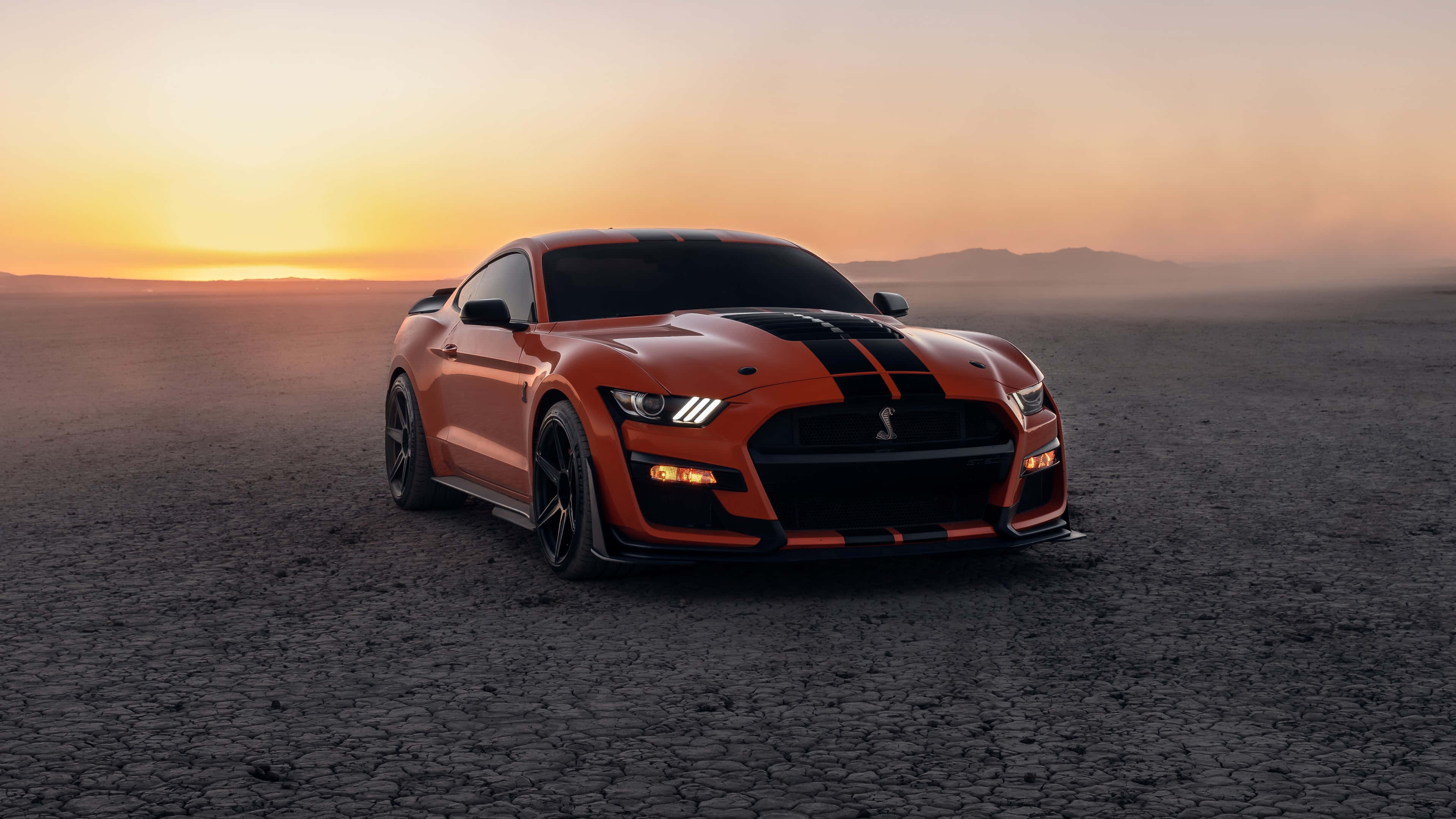Orange Shelby GT500, Sunset Desert, cracked desert earth, 4K Desktop Wallpaper