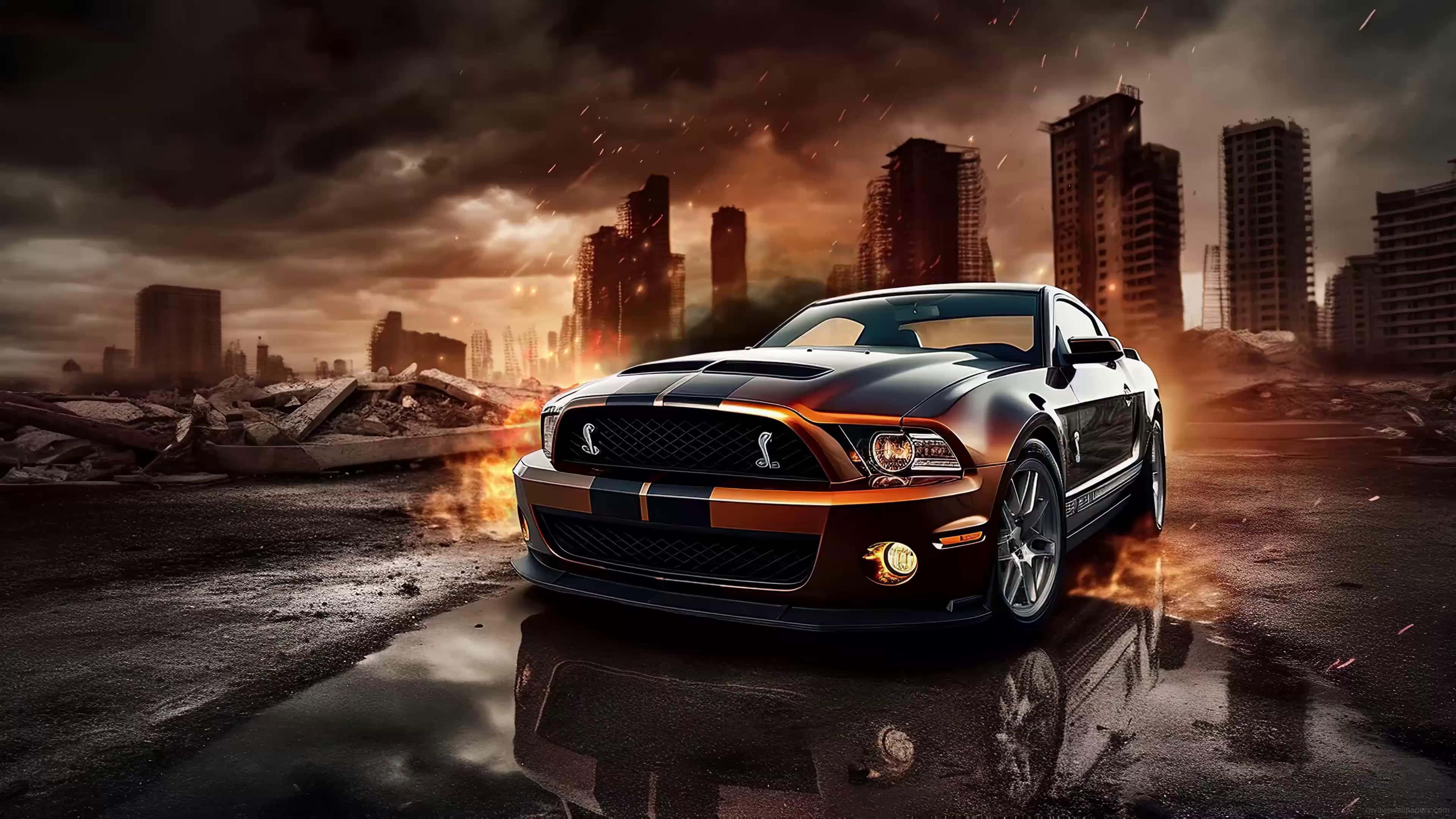 Shelby GT500, black, orange stripes, 4K Desktop Wallpaper
