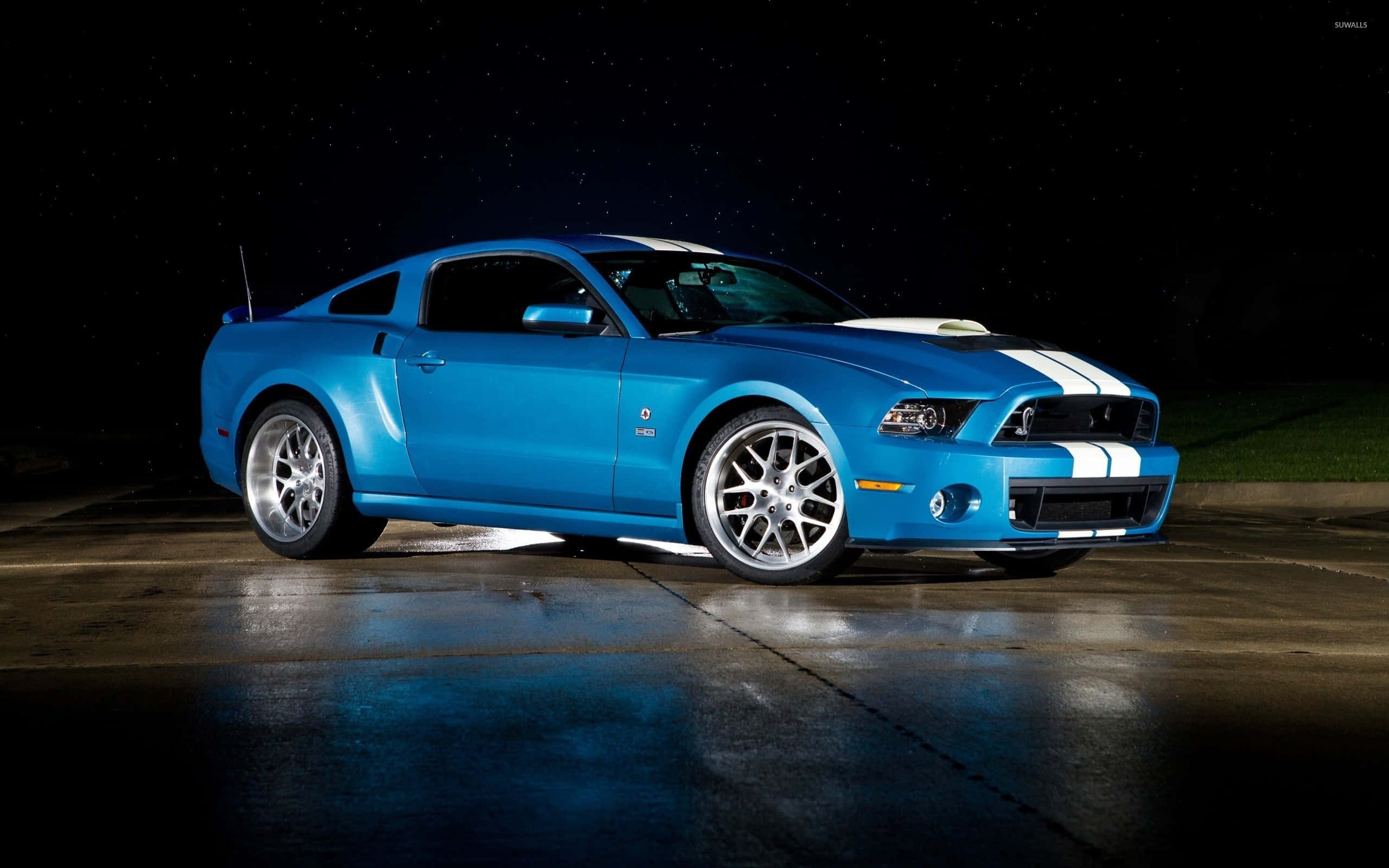 Blue Shelby GT500, white racing stripes, spotlight, 2K Desktop Wallpaper