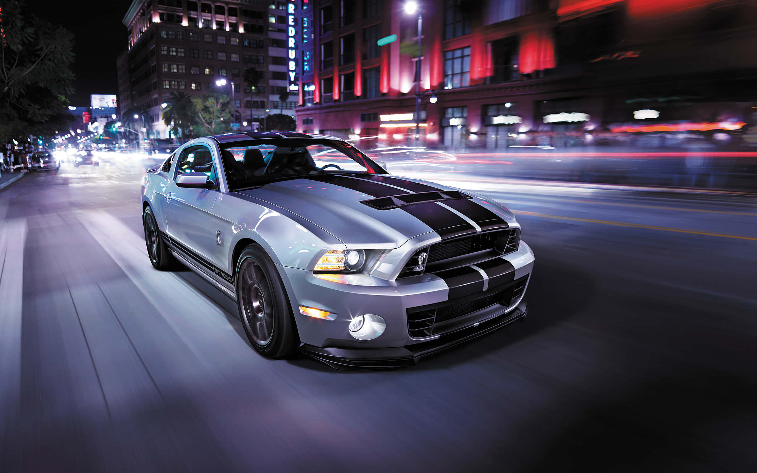 Shelby GT500, silver, black racing stripes, 2K Desktop Wallpaper