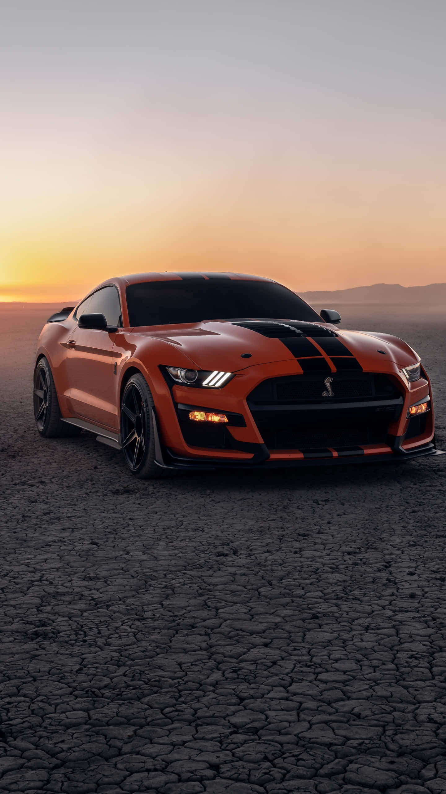 Sunset Orange Shelby GT500, desert road, sunset, 2K Phone Wallpaper