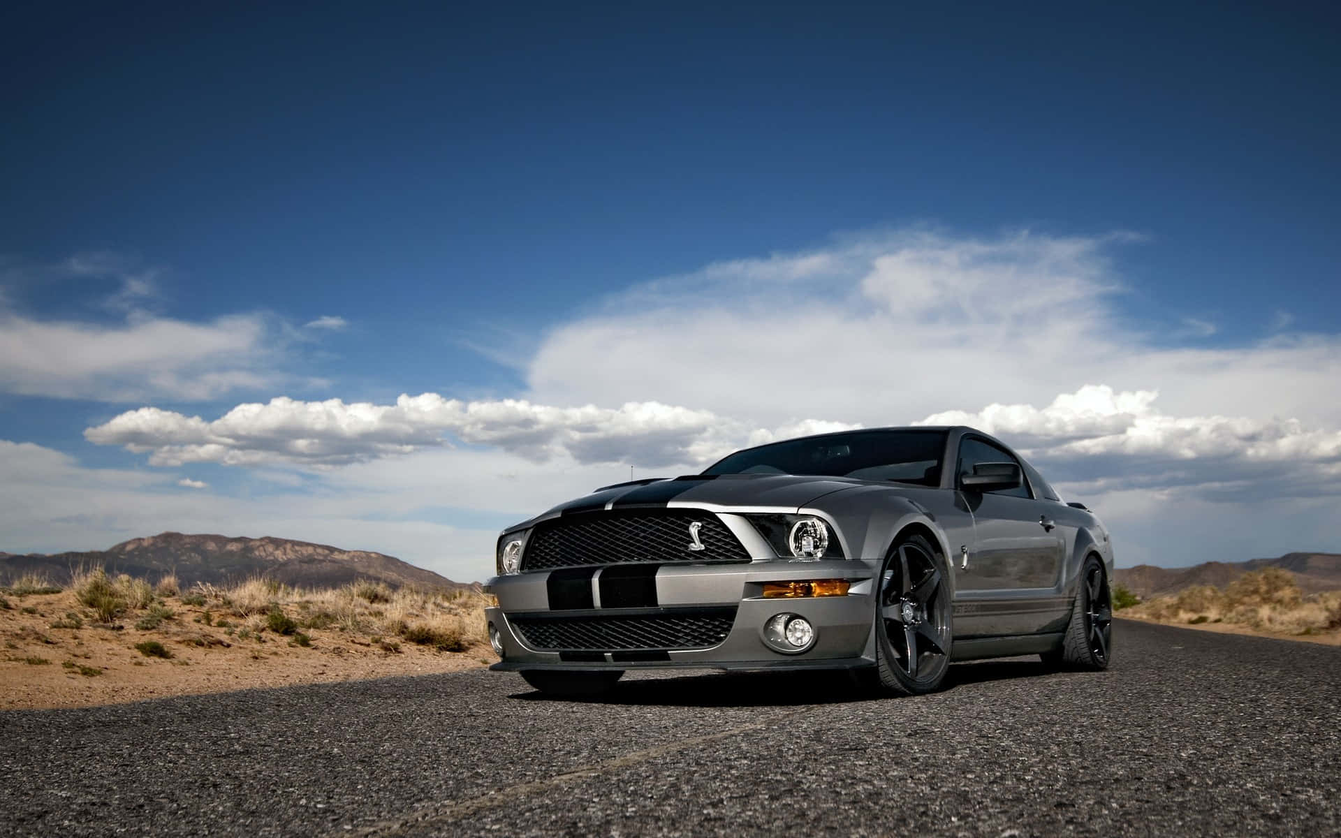 Silver Shelby GT500, desert road, gravel road, Full HD Desktop Wallpaper