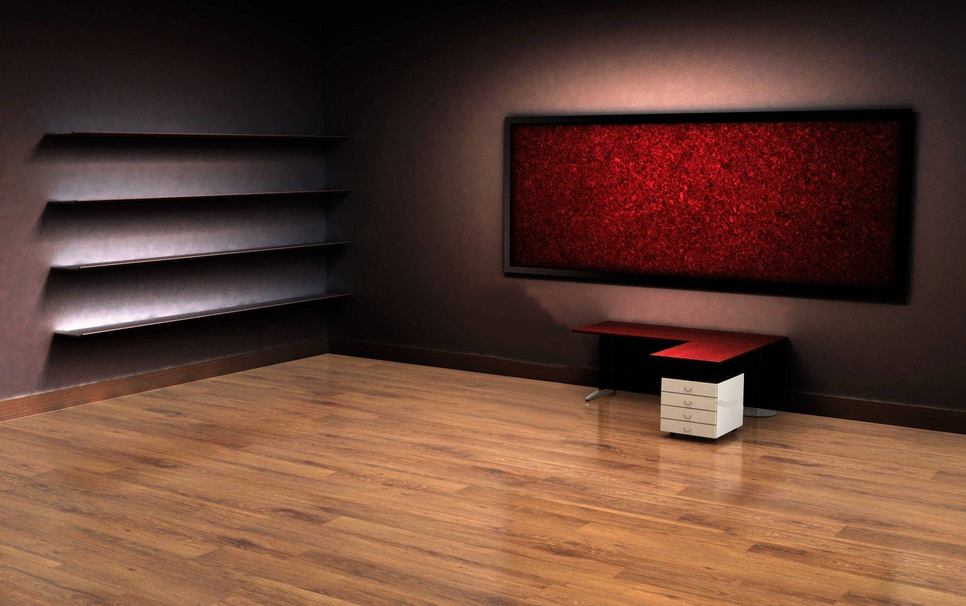Shelf Desktop, red corkboard, dark walls, HD Desktop Wallpaper