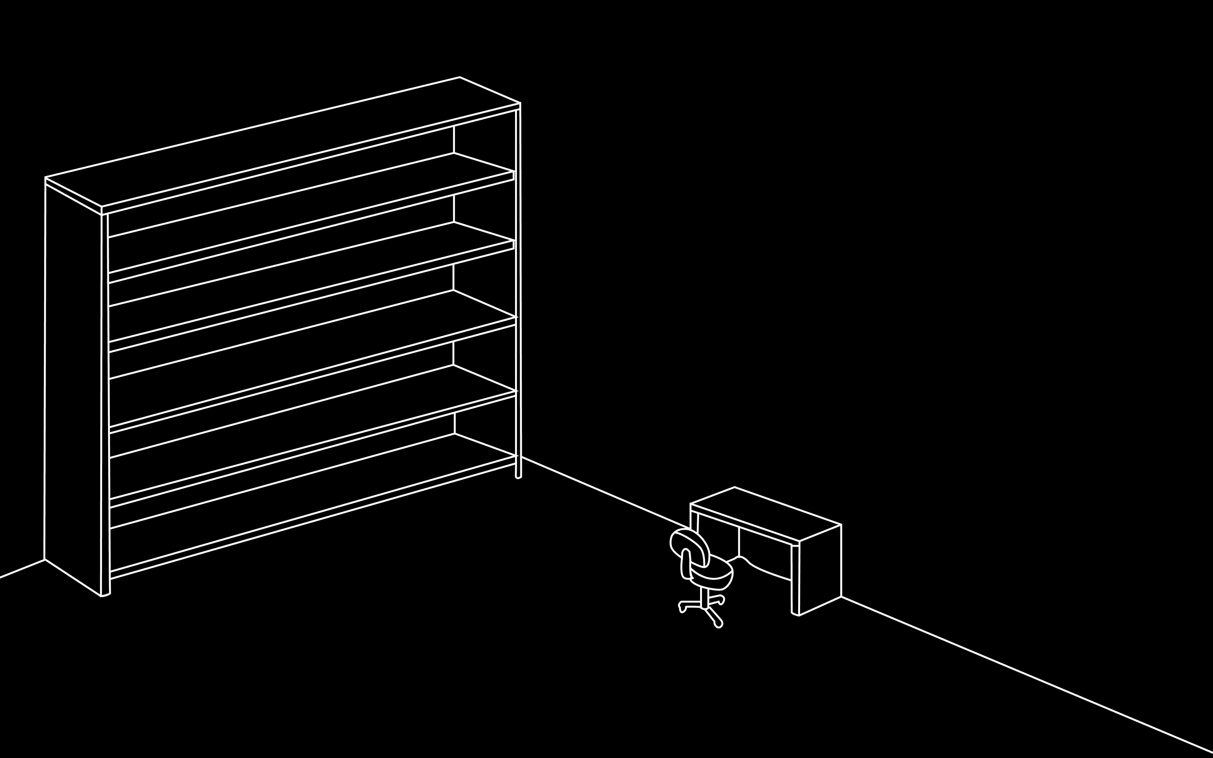 empty bookshelf, desk chair, stark black void, 5K Desktop Wallpaper