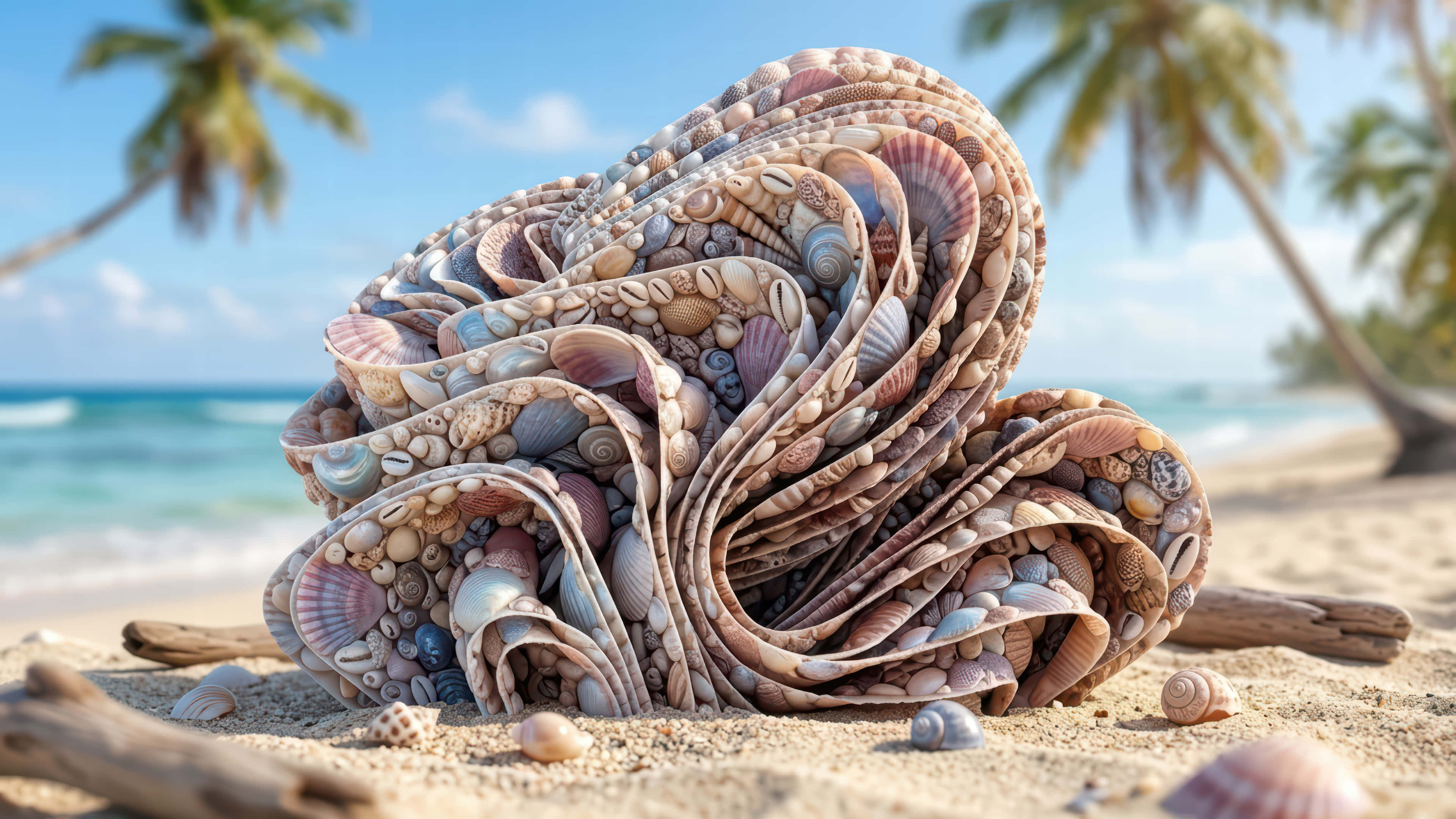 Shell, beach, sunlit sand, 4K Desktop Wallpaper