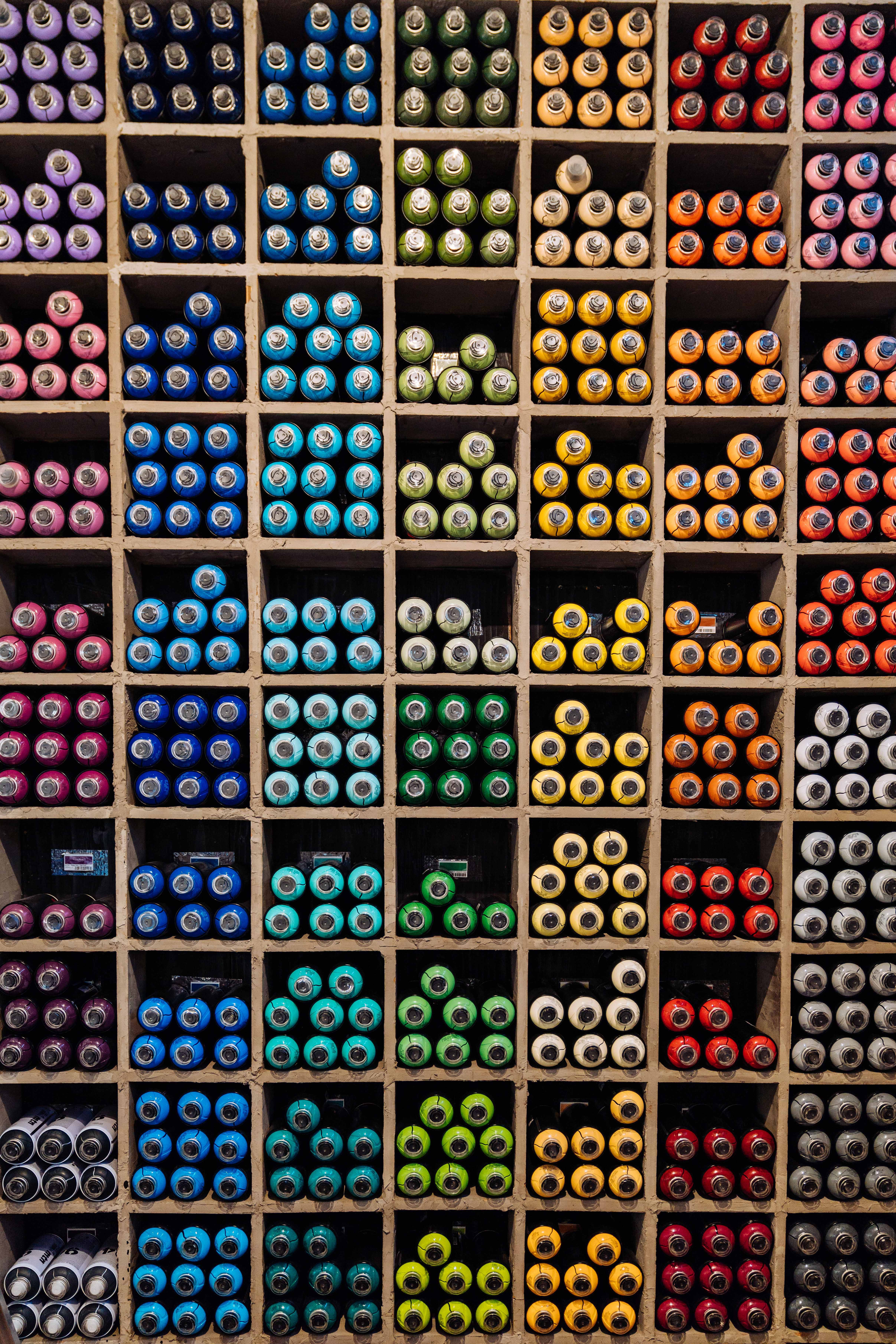 paint cans, shelves, wooden compartments, 5K Phone Wallpaper