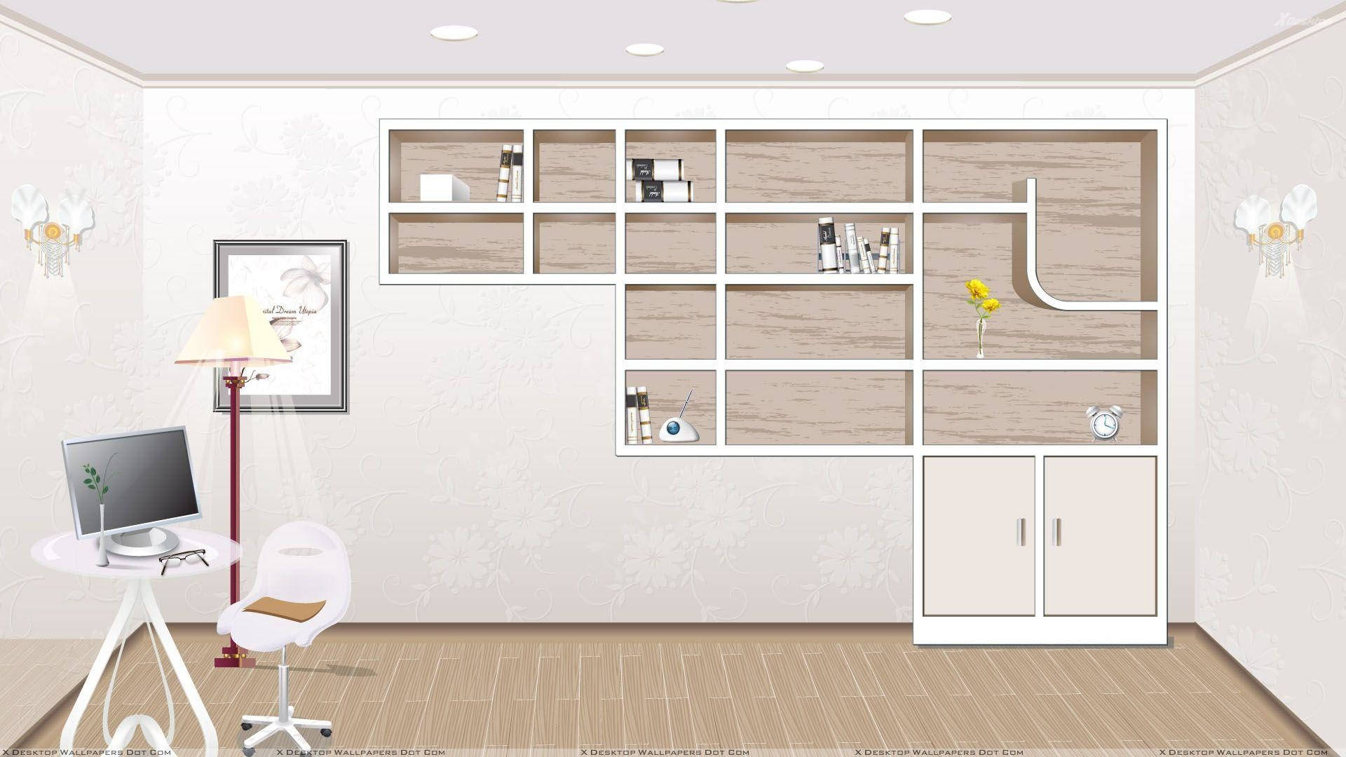 white furniture, wooden shelves, minimalist modern home office, Full HD Desktop Wallpaper