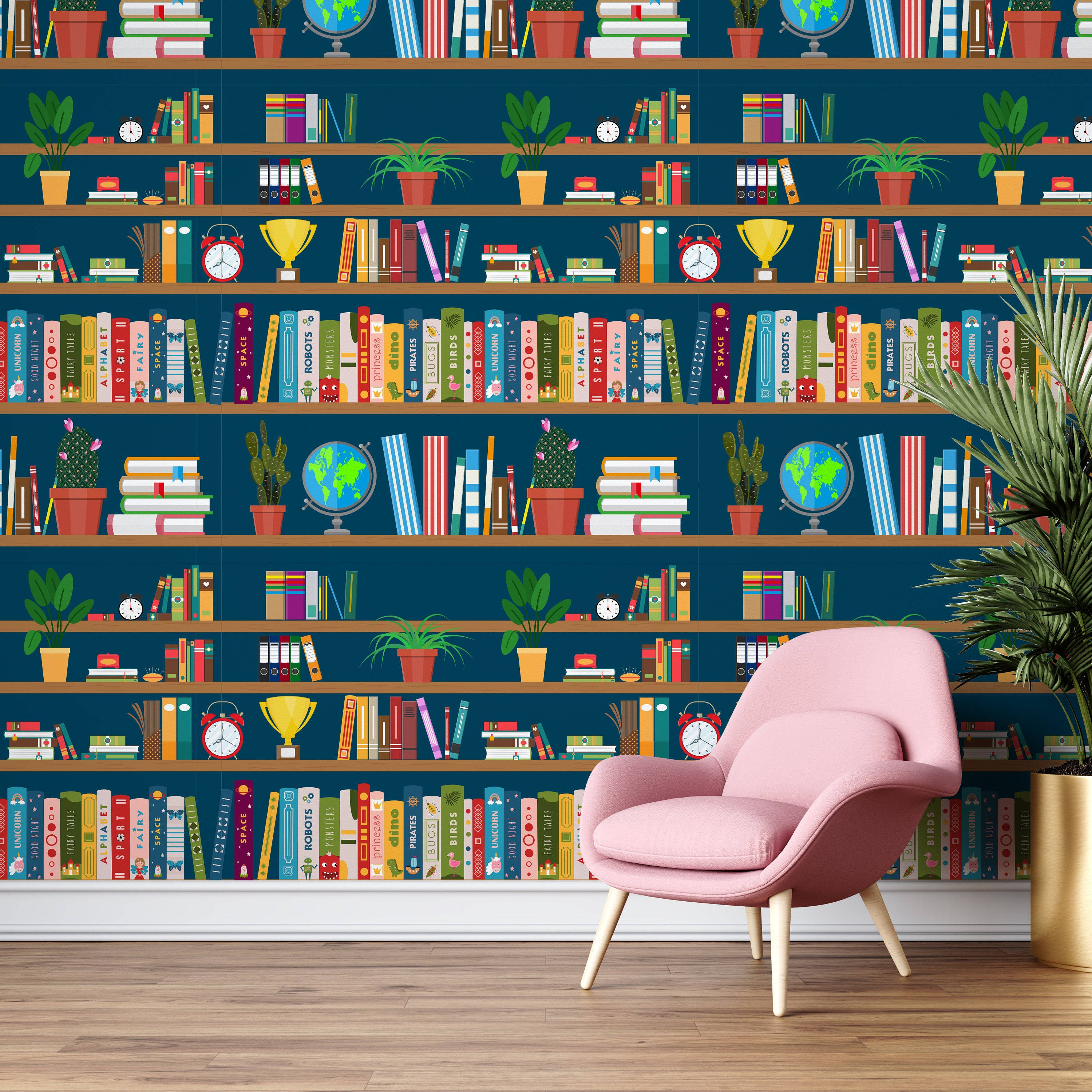 pink armchair, vibrant illustrated bookshelf wallpaper, colorful books, 2K Desktop Wallpaper