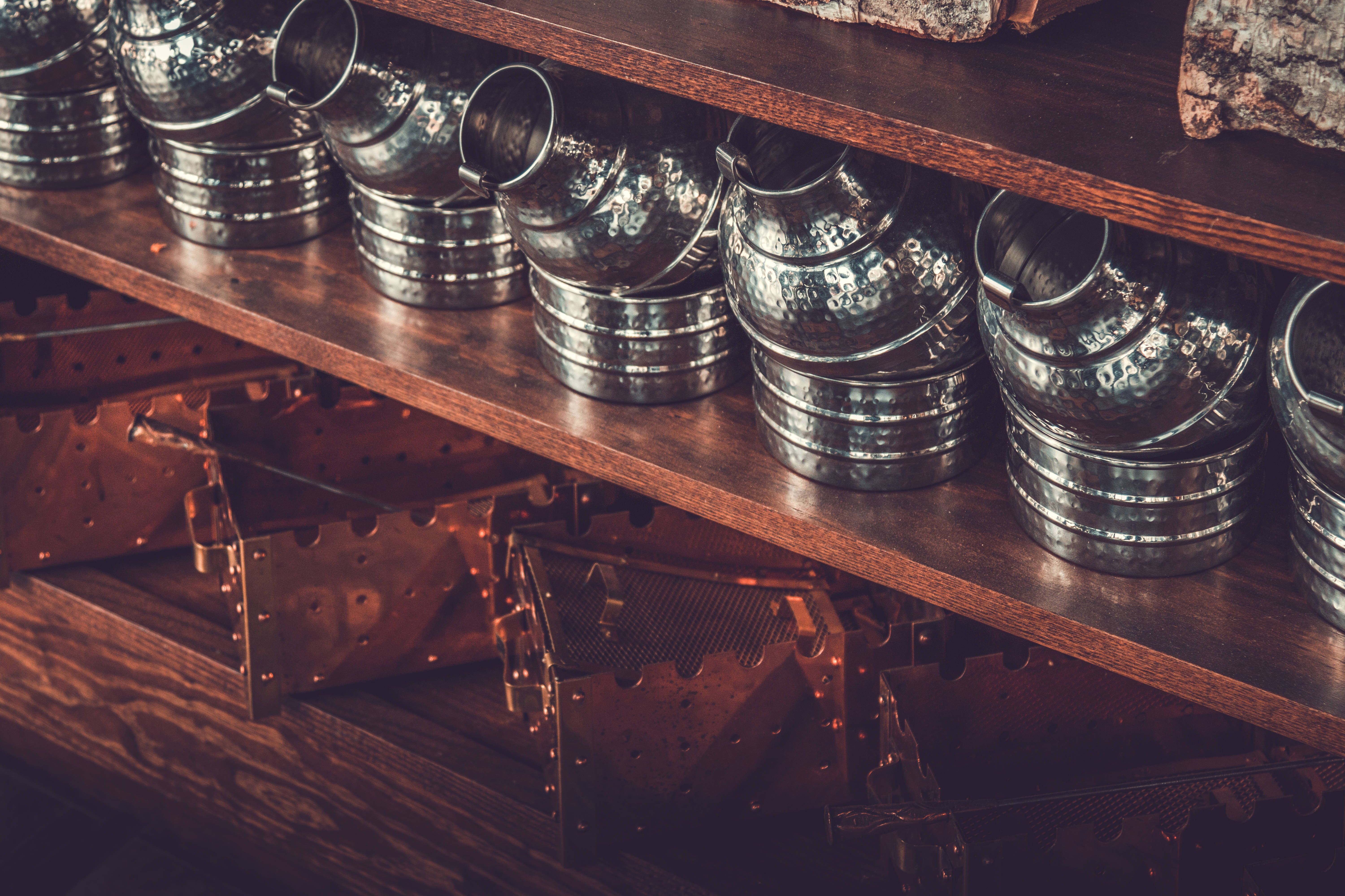 hammered metal buckets, coppery industrial parts, rustic wooden shelves, 5K Desktop Wallpaper
