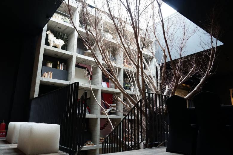 modern interior, indoor courtyard, bare trees, SD Desktop Wallpaper