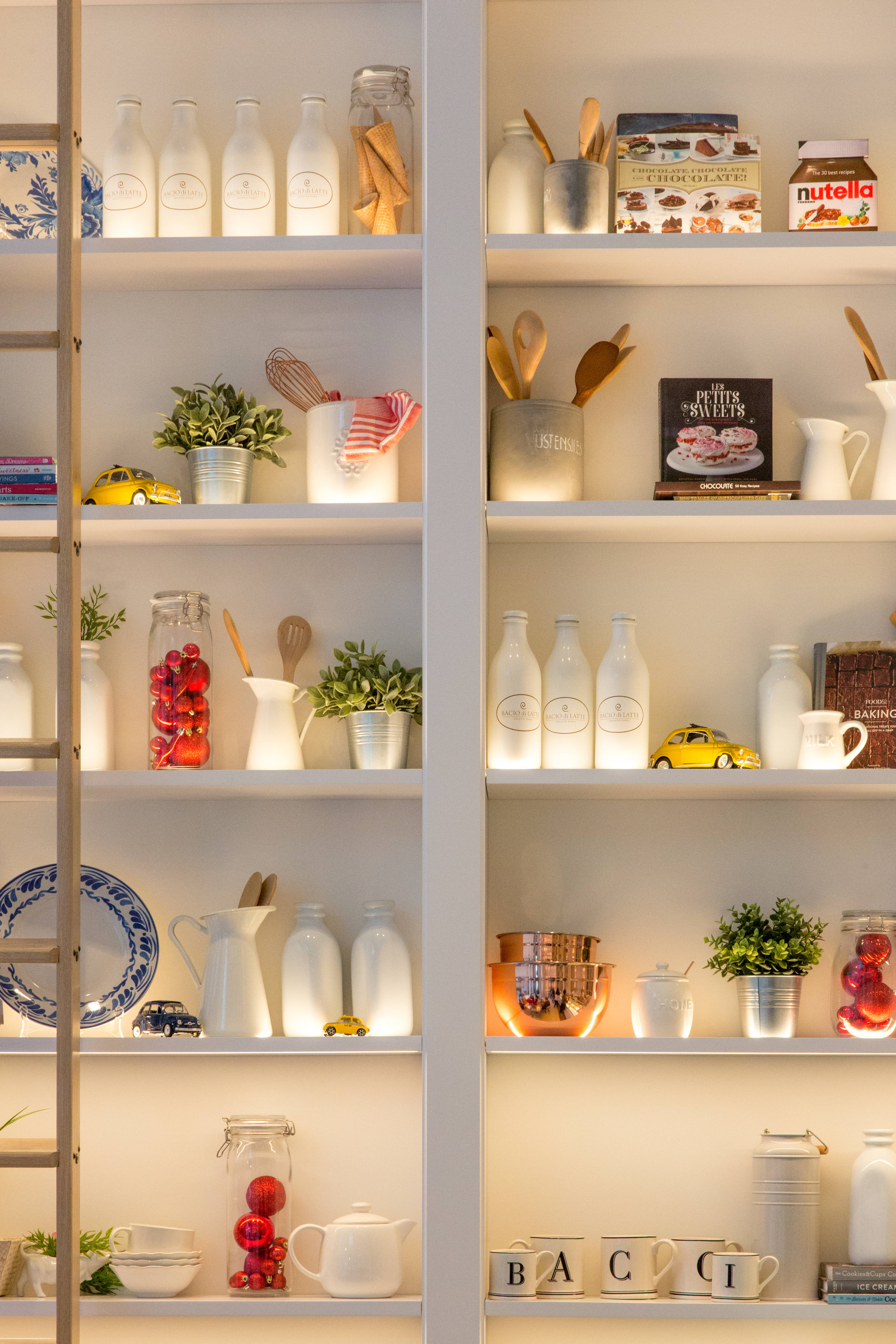 shelves with lights, white shelves, red fruit, 5K Phone Wallpaper