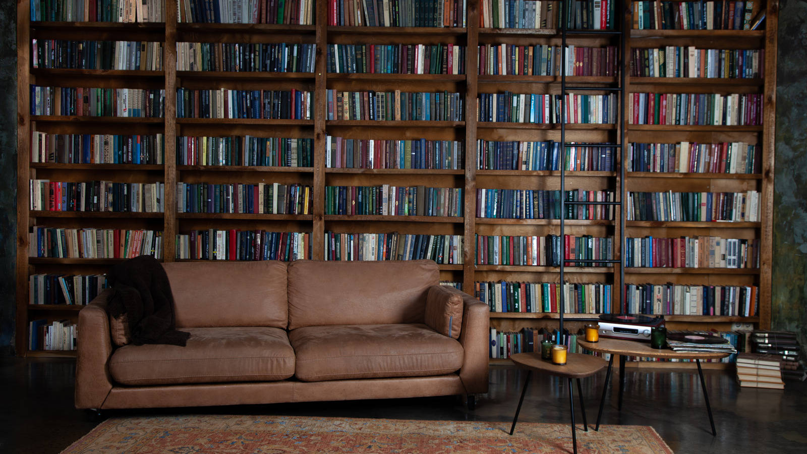 large room bookshelf, brown leather sofa, towering wooden bookshelves, HD Desktop Wallpaper