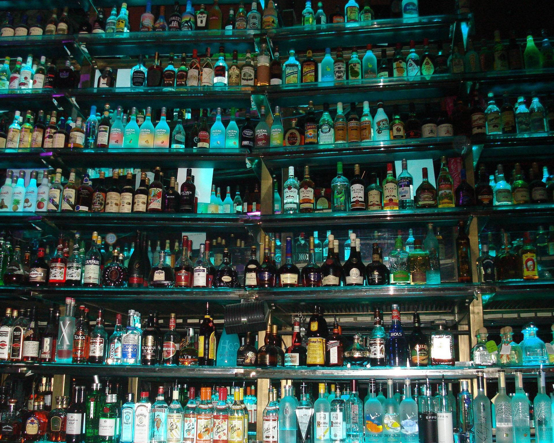 neon lights, glass shelves, dimly lit bar, HD Desktop Wallpaper