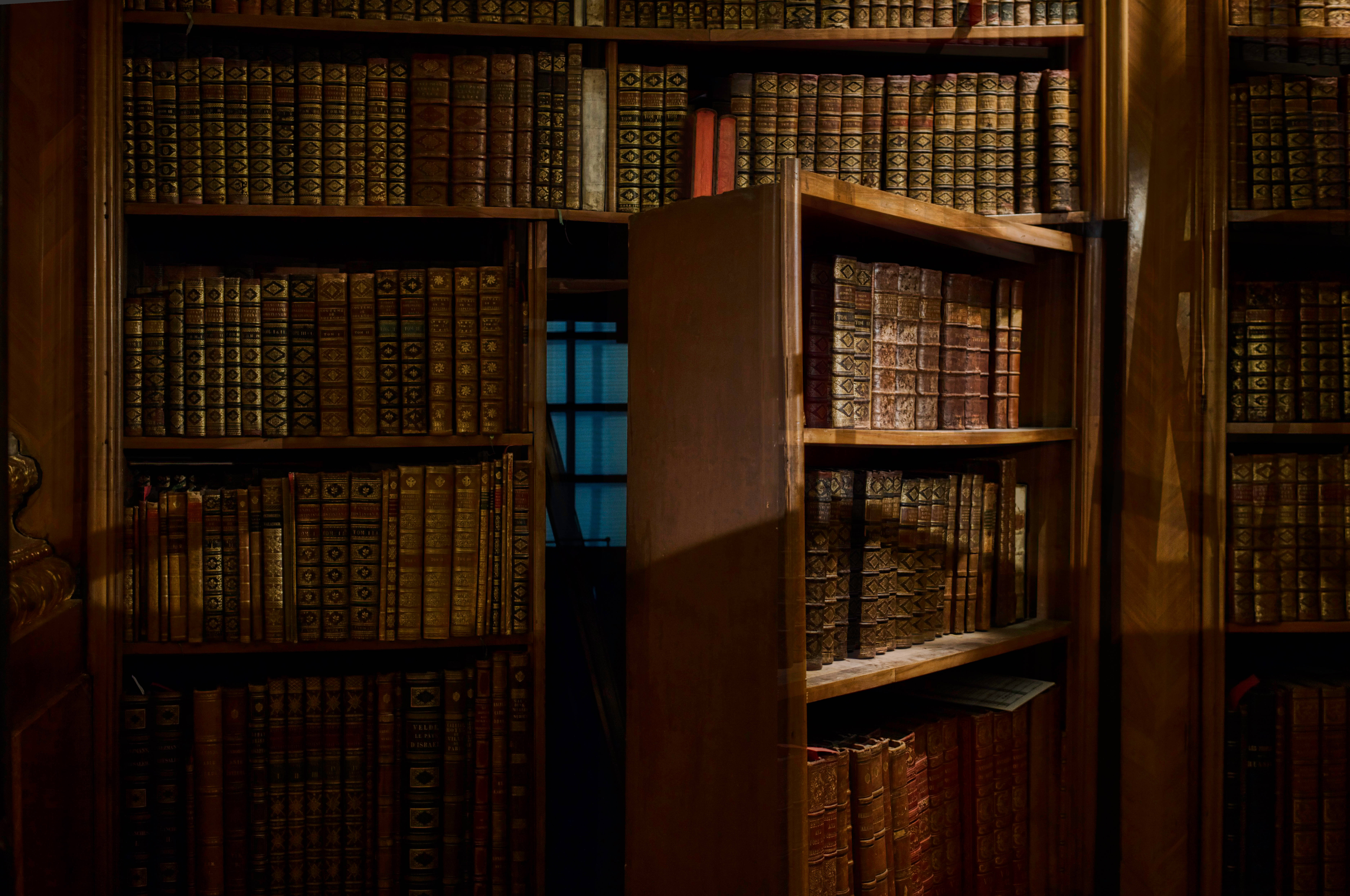shelves, wooden bookcase, aged leather-bound books, 5K Desktop Wallpaper