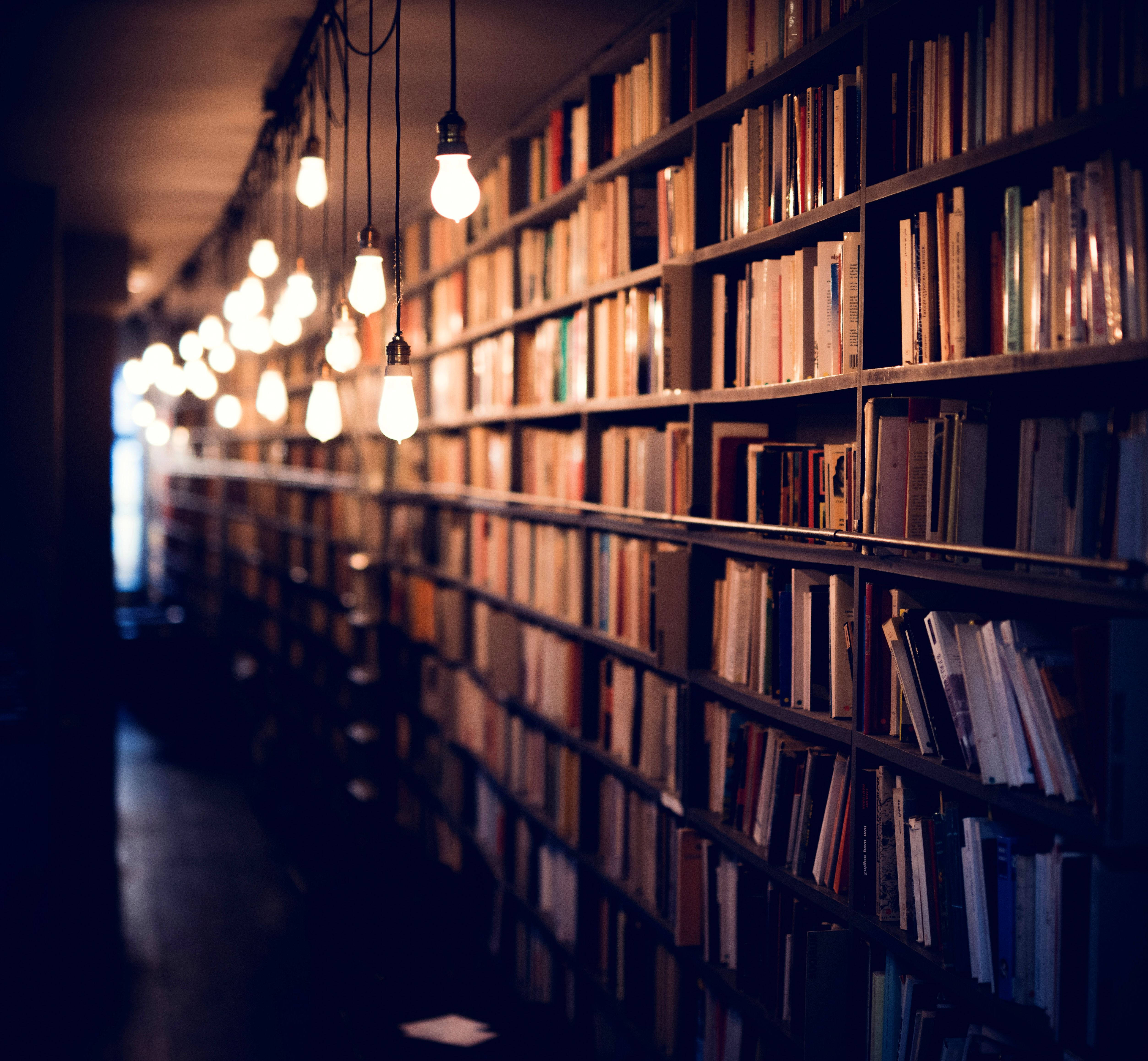 books, shelves, library aisle, 4K Desktop Wallpaper
