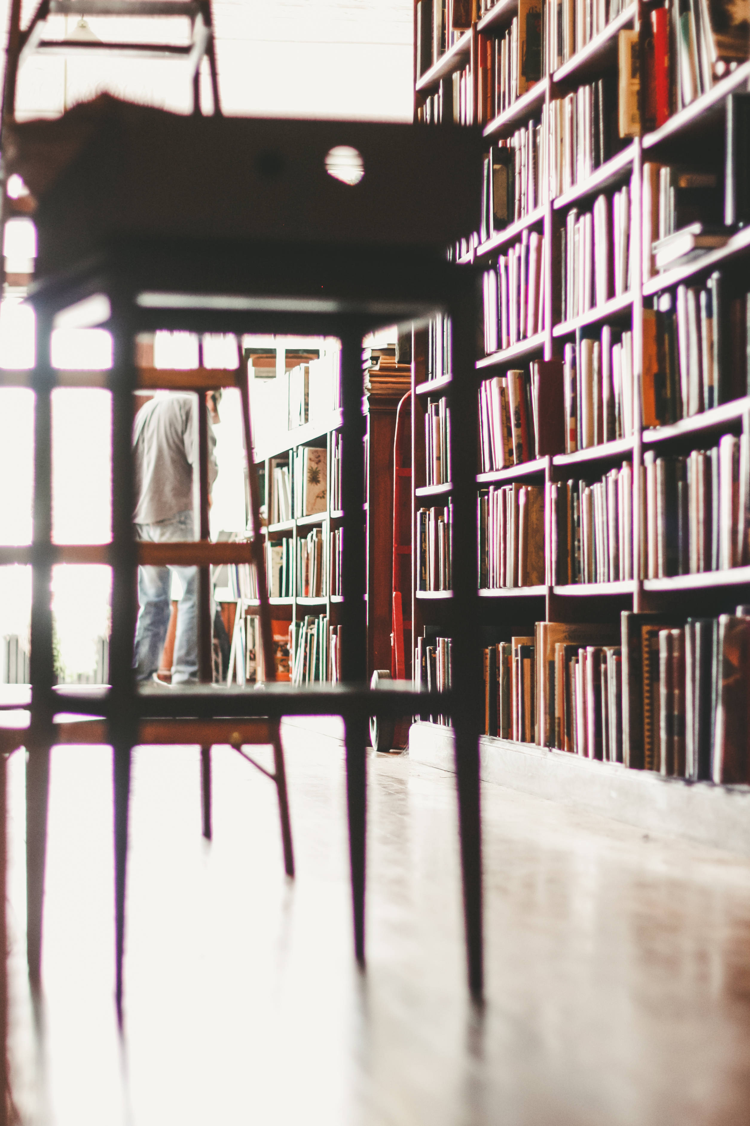 sunlit library aisle, wooden chair, towering bookshelves, 2K Phone Wallpaper