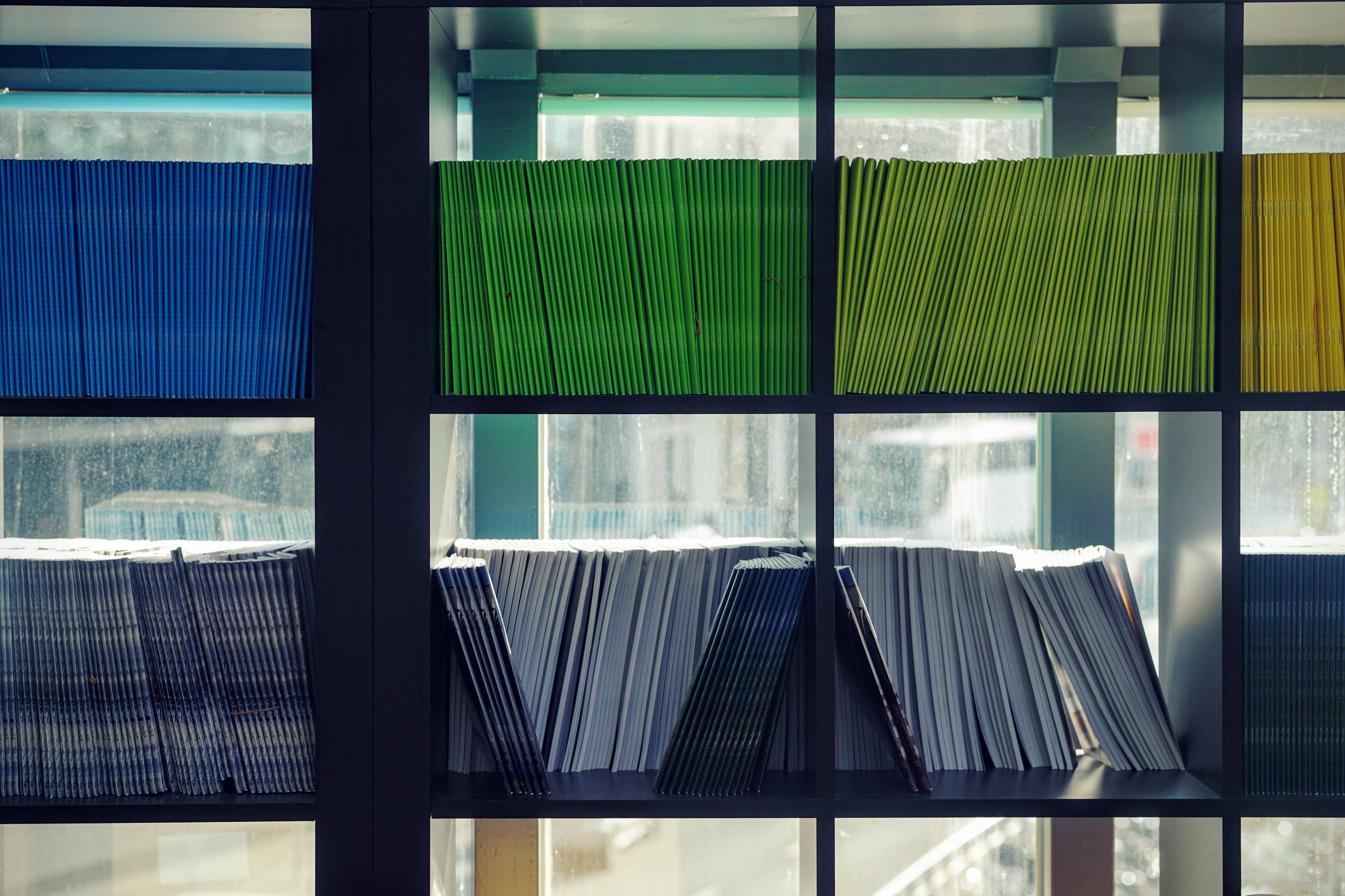 colored books, shelves, modern office shelving unit, 4K Desktop Wallpaper