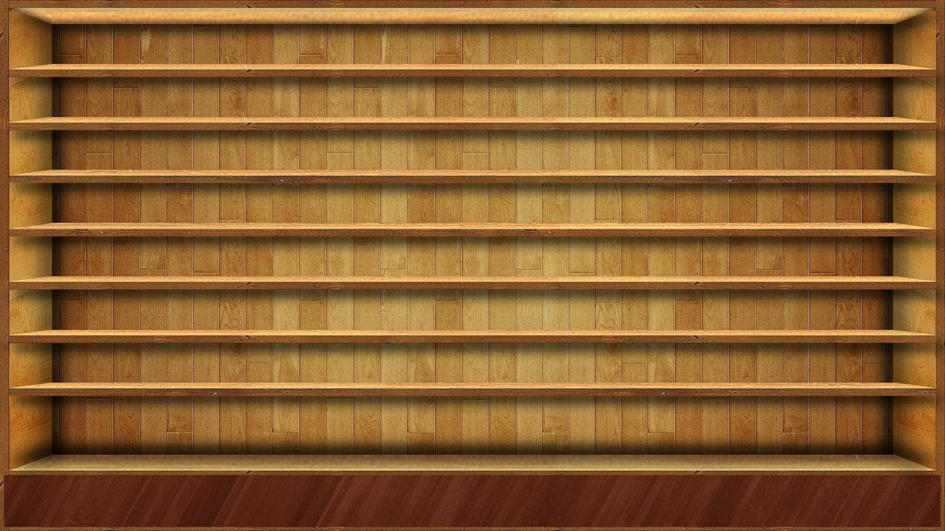 empty wooden shelves, warm tones, visible grain patterns, Full HD Desktop Wallpaper