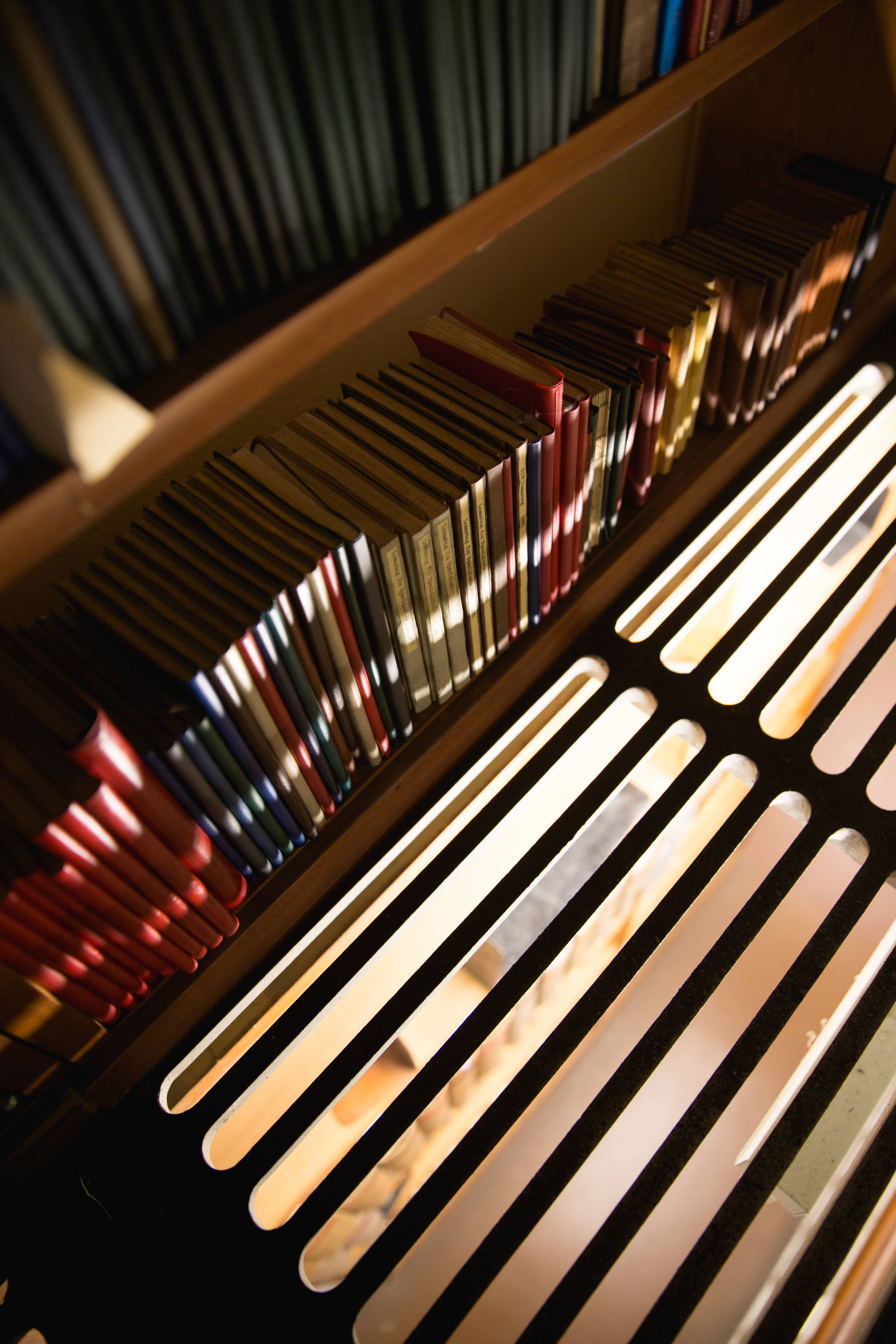 Sunlight, slatted blinds, wooden bookshelf, 5K Phone Wallpaper